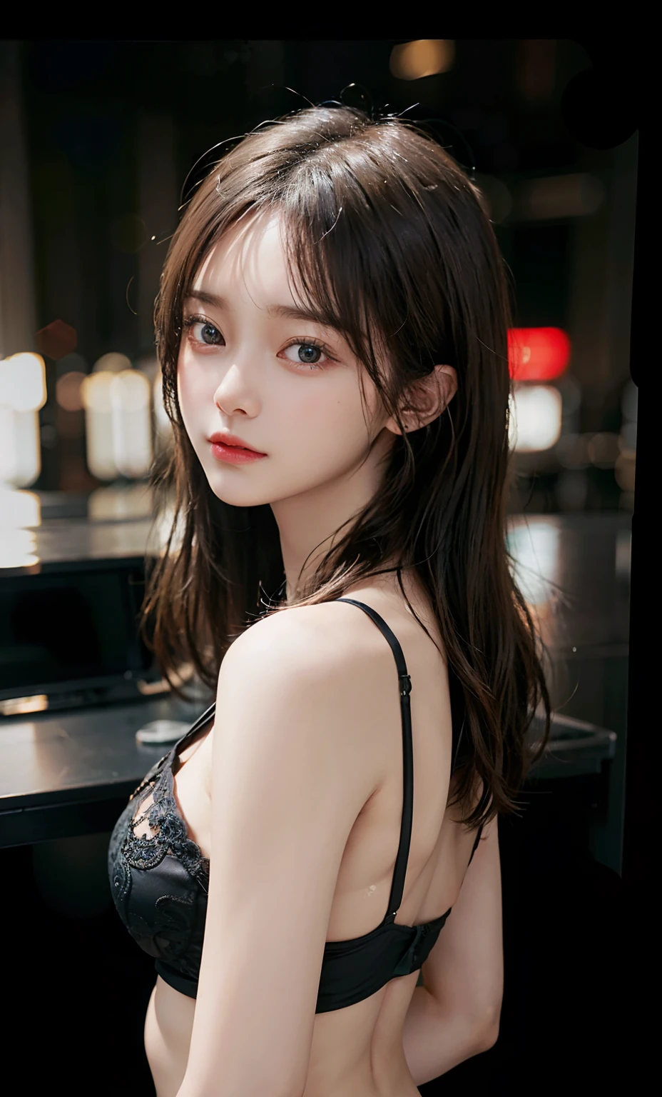 (RAW photo: 1.2), top quality, beautiful detailed girl, underwear, back figure, black underwear, highly detailed eyes and face, beautiful detailed eyes, huge file size, high resolution, 8k wallpaper, fine detail, highly detailed ticker uniform 8k wallpaper, light on face, movie lighting, girl, sexy pose, (photorealism: 1.4), illustration, super detail、