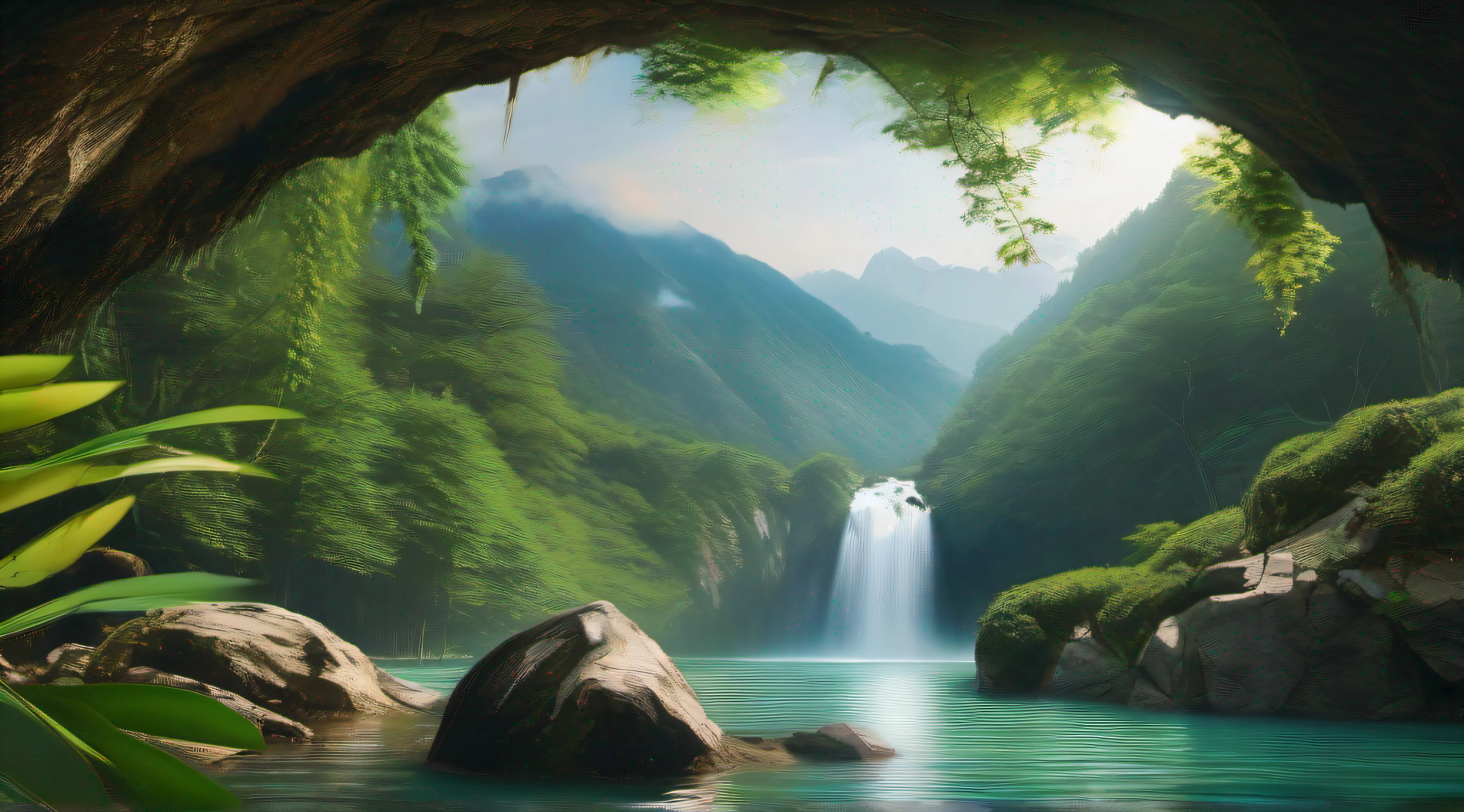 This photographic work shows a spectacular waterfall,Located deep in the mountains。As you can see from the photo,The waterfall is raging,Rushing down,The water rushes against the stones,A misty mist was formed。The impact of the current creates a wild atmosphere,Gives the whole scene energy and power。Behind the waterfall is a green mountain forest,The towering trees display a lush green,It seems to be in stark contrast to the waterfall。The trees in the mountain forest take on a variety of lush forms,It gives a feeling of being alive。Sunlight falls on the ground through gaps in the leaves,Mottled light and shadow are formed,It adds a touch of mystery。The whole view is surrounded by magnificent mountains,The contour lines of the mountains are clearly visible,It seems boundless,With waterfalls and forests form a magnificent backdrop。The mountains and blue sky in the distance are connected,Give the viewer a feeling of openness and expanseness。