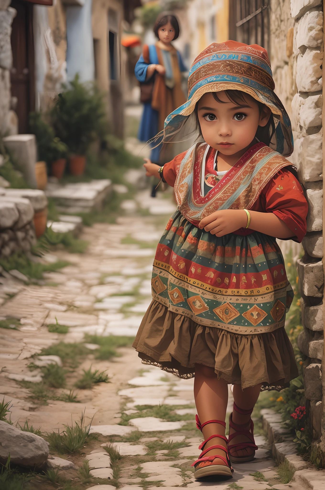 there is a girl that is standing on the street, painting digital adorable, Menina antiga de Libu, Personagem pequeno. Motor Unreal 5, Arte infantil em Artstation, menina bonita, mulher bonito, menina bonito, pintura digital fotorrealista, olhar inocente. ricas cores vivas, ancient city streets behind her, maravilhoso, estilo fantasia 8 k octane render