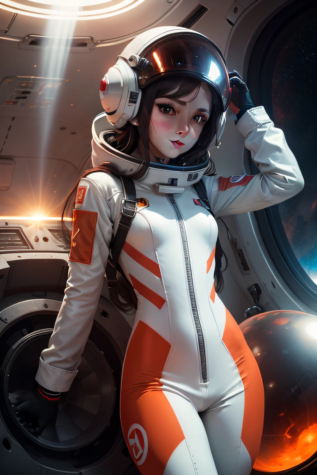 1girl, flat chested, cute, beautiful detailed eyes, shiny hair, visible through the hair, hair between the eyes, CCCPposter, sovietposter, red monochrome, Soviet poster, USSR, communism, black hair, red eyes, vampire ,girl,small breasts,spacesuit:Orange_clothing_body:jumpsuit ), white_gloves, white_space shoes, white_helmet, CCCP scarlet letters on the top of the helmet, weightlessness, Side light, reflection, the person in the spacesuit is at the bottom left of the picture, right hand outstretched, right hand Gently touch the Salyut space station), the space station in the upper right corner of the screen, the reflected light of the sun, silver metal, red flag, brilliance, Soviet style, diffuse reflection, metal texture, blue earth in the distance, mech style, star sea, high-profile, majestic