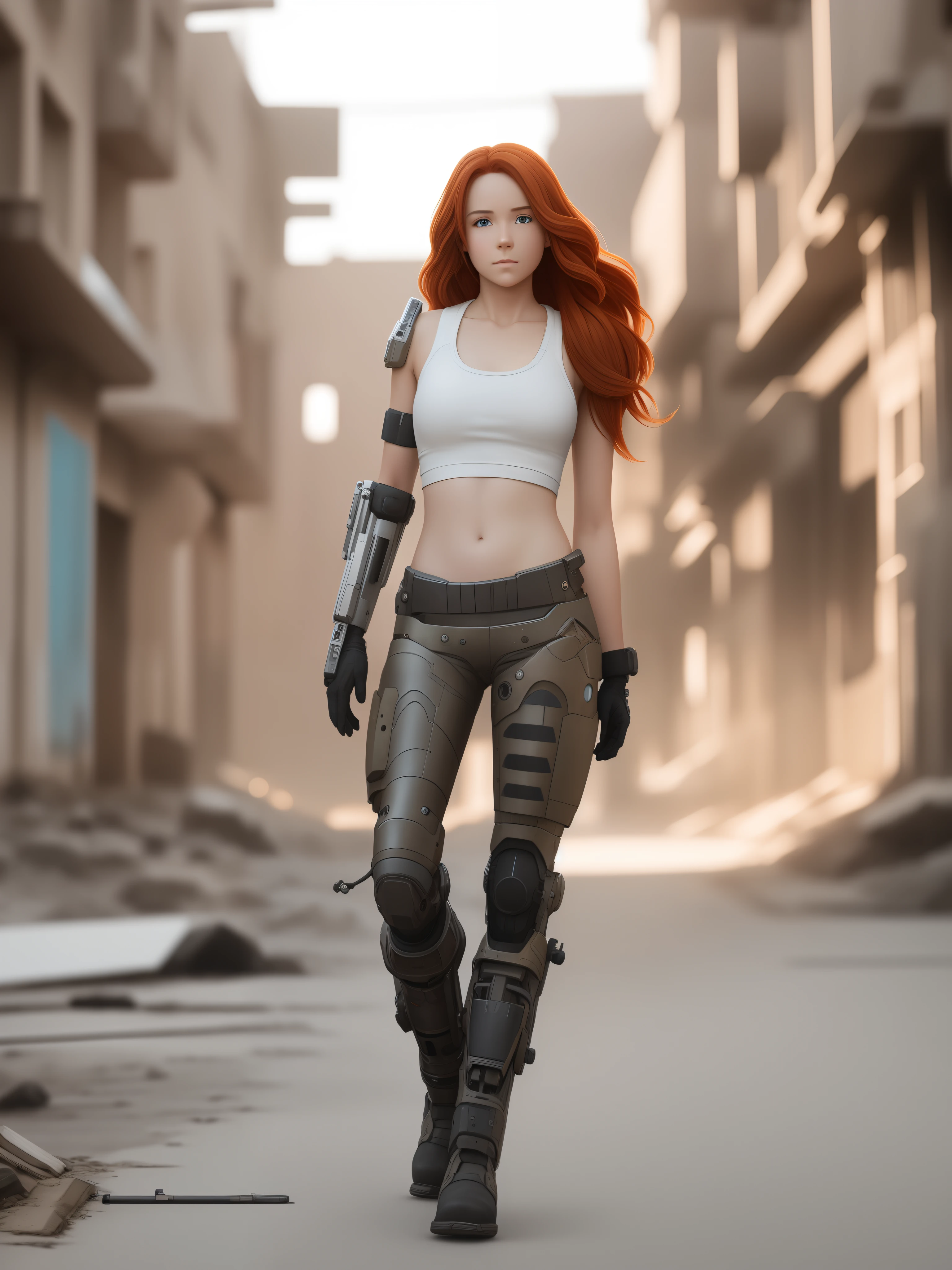 Beautiful redhead woman with a cybernetic arm walking in the war-torn city, wearing white tank top pants and boots, shiny metal
Beautiful redhead woman's cybernetic arm, XF IQ4, 150MP, 50 millimeters, F1.4, ISO 200, 1/Anos 150, luz natural, Adobe Lightroom, photographic lab, Foto Affinity, PhotoDirector 365, trending on ArtStation, Premiado, arte por Chris Moore , Do Studio Ghibli