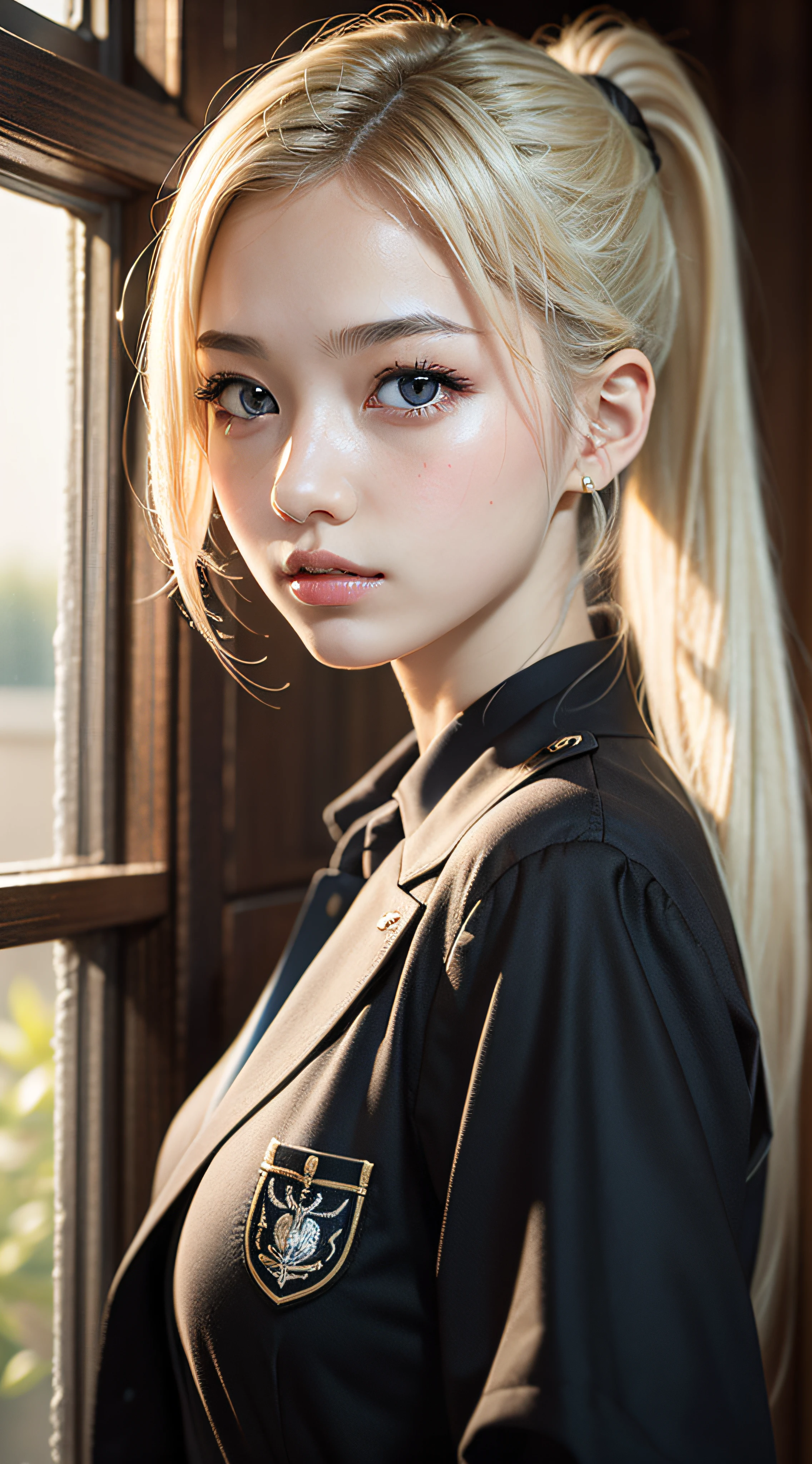 (masterpiece:1.2, best quality), realistic, (real picture, intricate details, depth of field), solo,1girl,bishojo,beautiful detailed eyes,Student uniforms, platinum blonde hair, ponytail