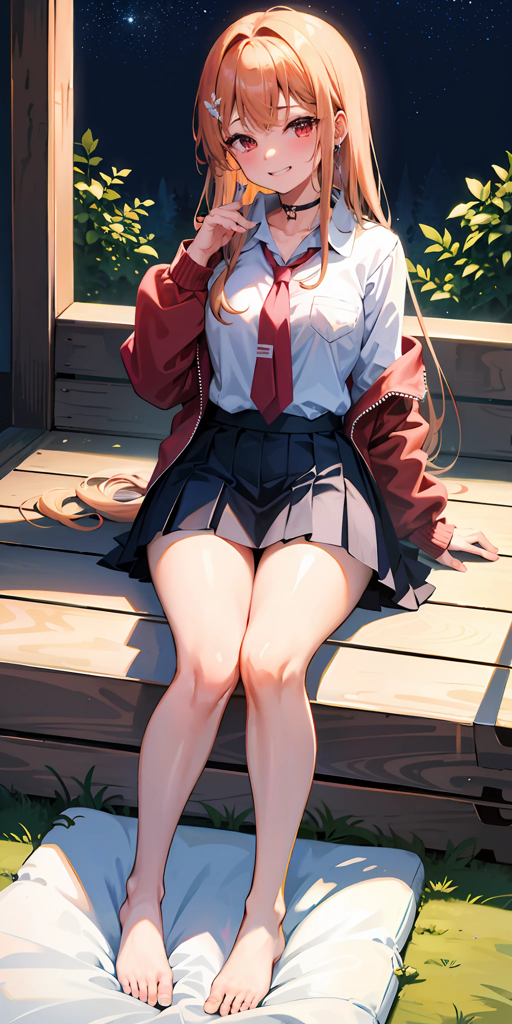 masterpiece, best quality, 1girl, long hair, bored, sitting, feet up, soles, forest 1girl, bangs, choker, necktie, ear piercing, masterpiece, best quality, 1girl, long hair, bored, sitting, feet up, soles, forest <feetPoseAnime_v11:0.6,eyebrows visible through hair, grin, gyaru, jewelry, kogal, long hair, looking at viewer, loose necktie, necktie, piercing, plaid, (比基尼),red eyes, ring, smile, solo, white shirt, 樱花树下,樱花盛开,nsfw,清澈见底湖水旁,金发,渐变头发,皎洁的月光,(美丽的夜晚)粉色乳晕,露出三角内裤,全身湿透,(两侧马尾辫),night(粉发),双马尾