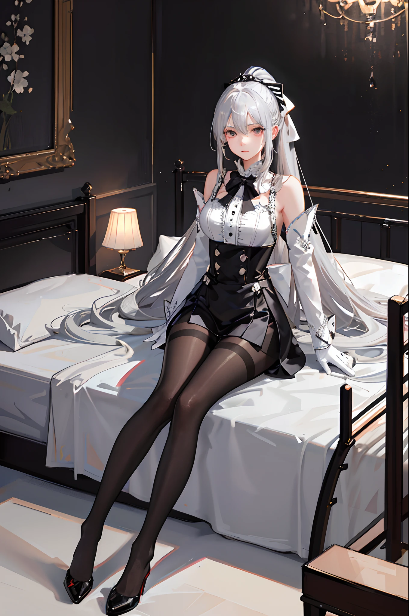 (((1 girl)),ray tracing,(dim lighting),[detailed background (bedroom)),((silver hair)),((silver hair)),(Fluffy silver hair, plump slender girl)) with high ponytail)))) Avoid blonde eyes in the ominous bedroom ((((Girl wears intricately embroidered black high-waisted pants with pantyhose) and white ruffled bow gloves), showing a delicate slim figure and graceful curves, correct limbs, sitting on the bed