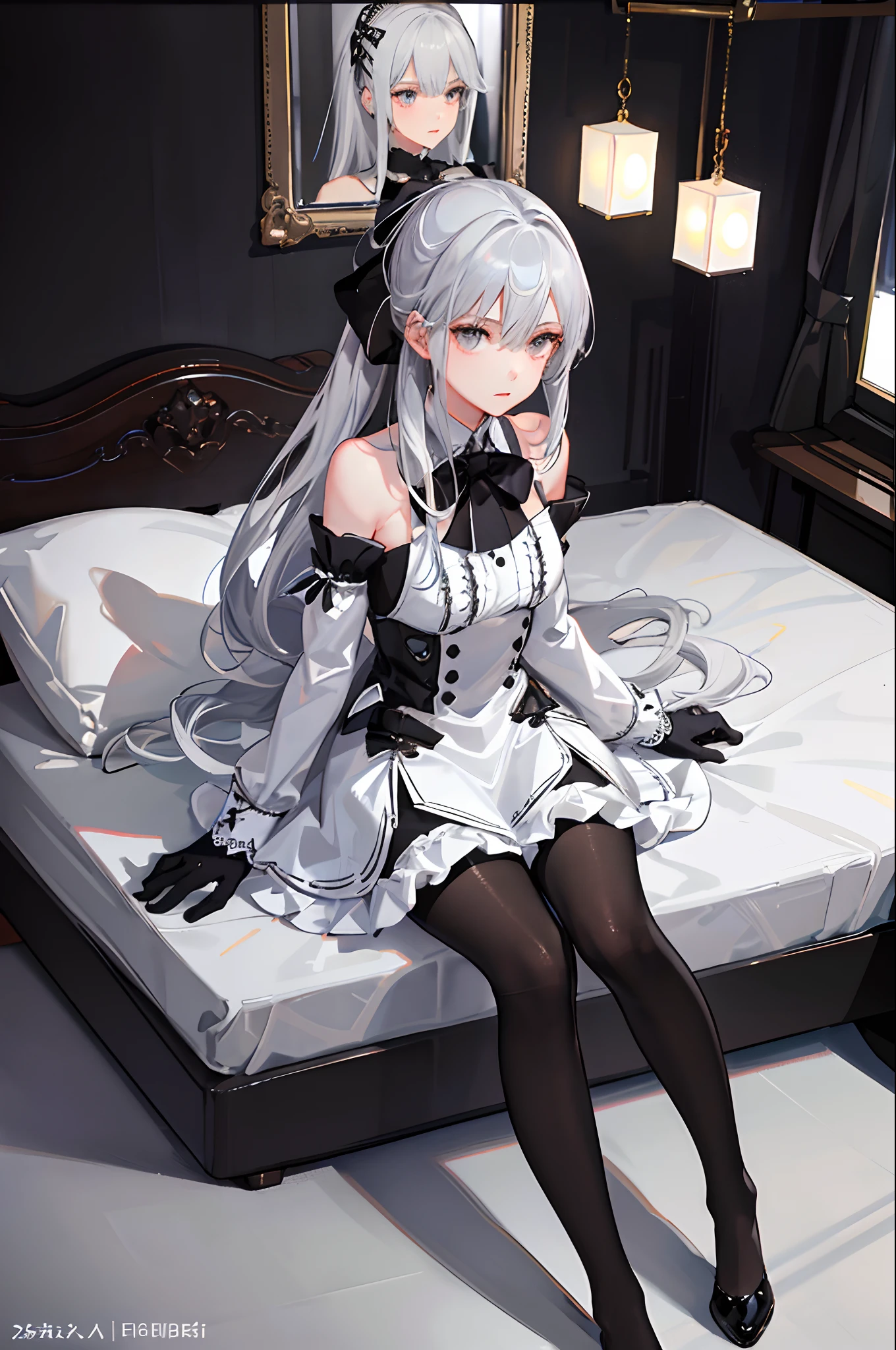(((1 girl)),ray tracing,(dim lighting),[detailed background (bedroom)),((silver hair)),((silver hair)),(Fluffy silver hair, plump slender girl)) with high ponytail)))) Avoid blonde eyes in the ominous bedroom ((((Girl wears intricately embroidered black high-waisted pants with pantyhose) and white ruffled bow gloves), showing a delicate slim figure and graceful curves, correct limbs, sitting on the bed