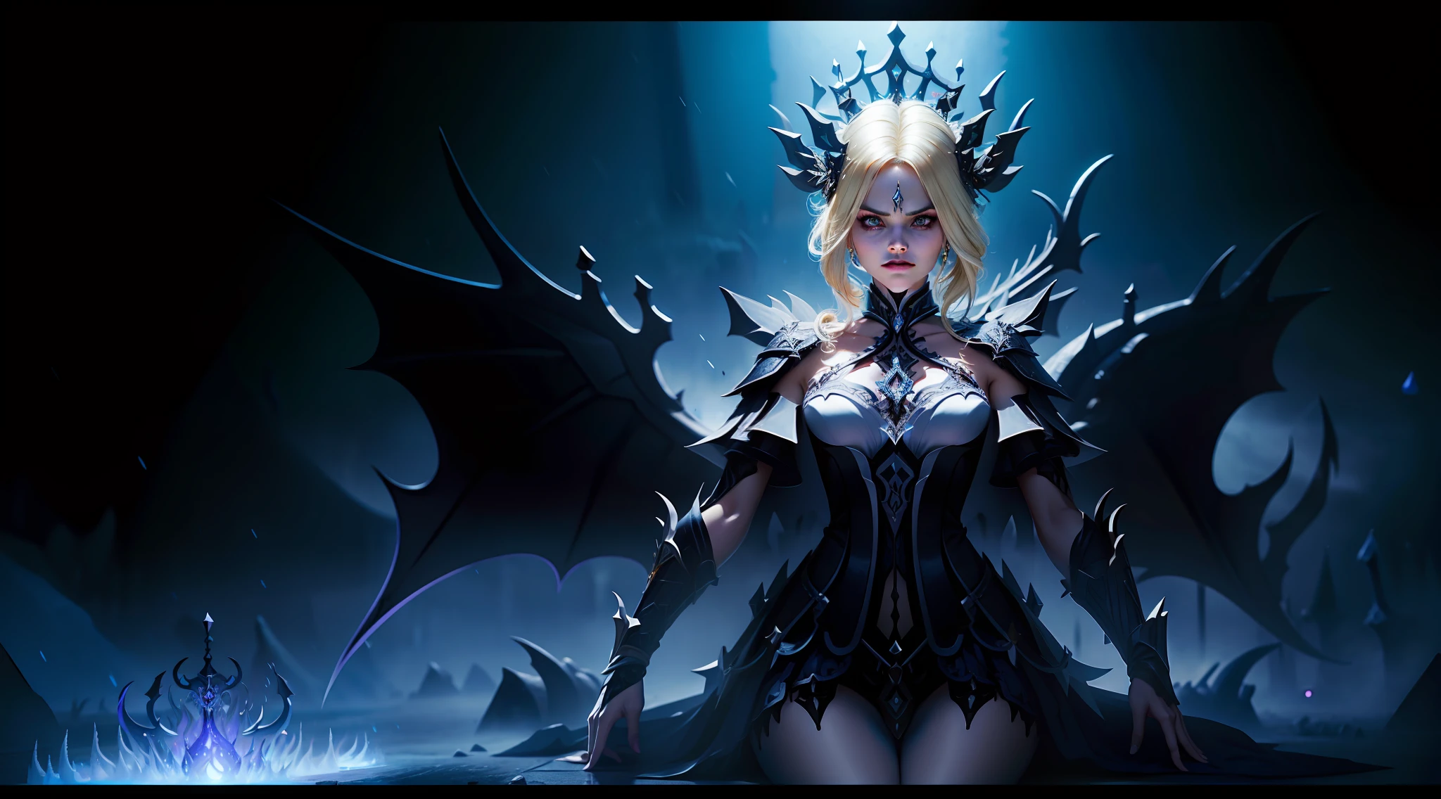 extremamente detalhado, rainha do gelo Elsa adulta, Poderes do caos, Deslumbrante armadura decotada de death knight , braided blonde hair, Olhos azuis Brilhantes, Ambiente maligno, Satanic magic, neve caindo suavemente.Extreme demonic evil,Rainha Lich,gostosa,peitos grandes e cintura pequena,icecrown citadel