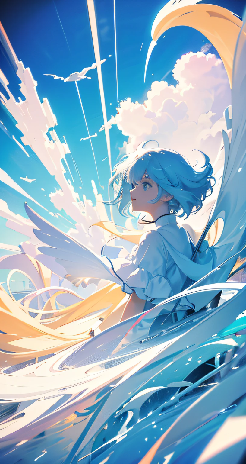 masterpiece, best quality, movie still, 1girl, floating in the sky, cloud girl, cloud, (close-up:1.1), bright, happy, fun, soft lighting, (Bauhaus, shapes, lines, abstract:1.1)