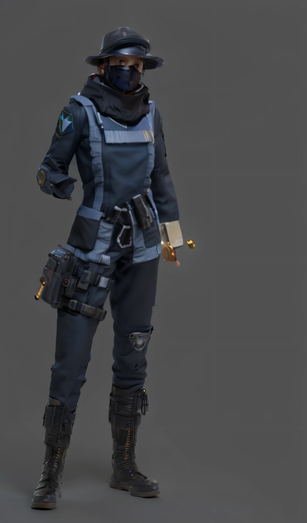 A close-up of a man in uniform and hat, dystopian scifi outfit, in a dark space mercenary outfit, full body shot hyperdetailed, starfinder character, heroines, sci fi female character, Starfinder style, sci-fi skin, Outfit: puff, inspired by Leng Mei, Female character, sci - fi character, full body render