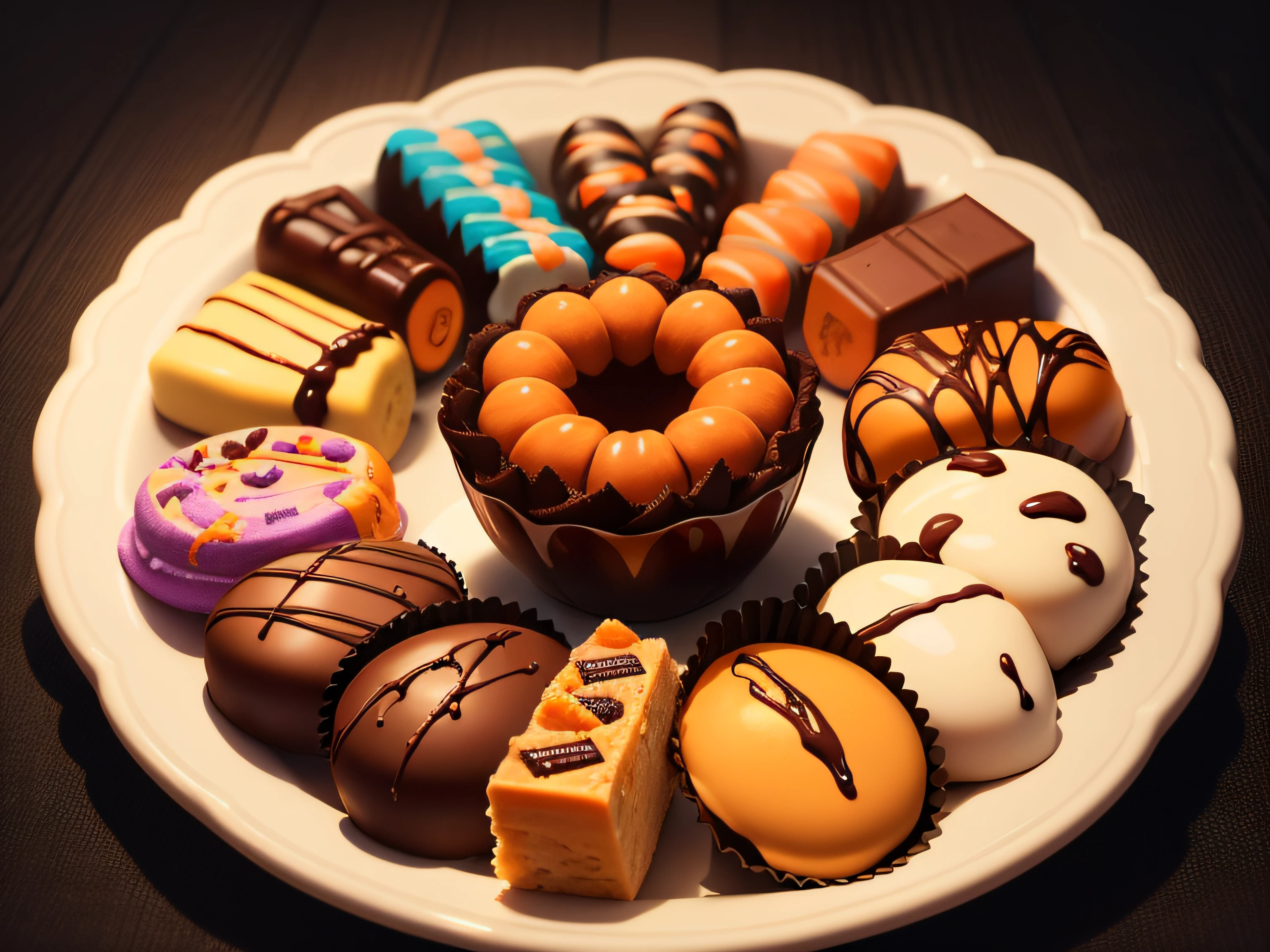 A colorful, close-up view of a variety of Halloween candy and chocolate, arranged in a creative pattern.