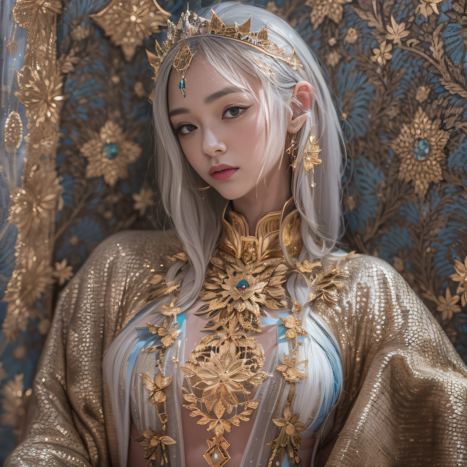 16k(tmasterpiece,k hd,hyper HD,16k)short detailed hair,Gold jewelry area in the back room,Flame Girl ,Crocodile protector (realisticlying:1.4),Python pattern robe,Purple-pink tiara,Snowflakes fluttering,The background is pure,Hold your head high,Be proud,The nostrils look at people, A high resolution, the detail, RAW photogr, Sharp Re, Nikon D850 Film Stock Photo by Jefferies Lee 4 Kodak Portra 400 Camera F1.6 shots, Rich colors, ultra-realistic vivid textures, Dramatic lighting, Unreal Engine Art Station Trend, cinestir 800,Hold your head high,Be proud,The nostrils look at people