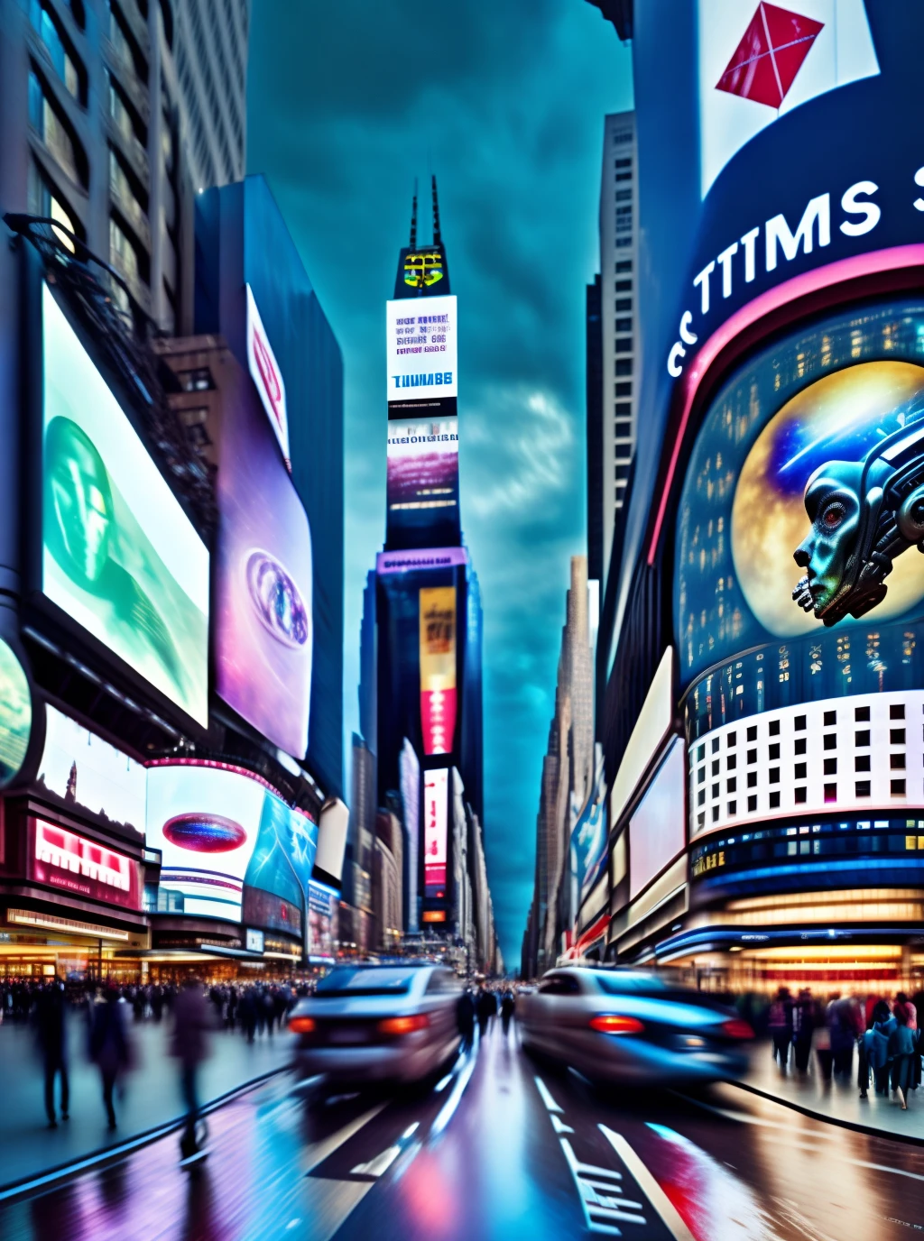 times square do futuro, noite de lua cheia, robos e humanos andando, ultra realista, realistico