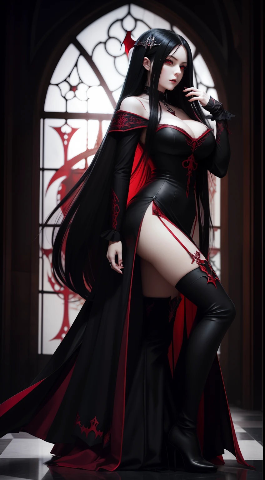 Beautiful ephemeral adult woman with long black hair and red eyes standing in front of castle, Red lines on white dress, Standard Body, Gothic Otome Anime Woman, beautiful vampire queen, dark fantasy style art, beautiful vampire female queen, 8 K, Vampire Queen, female vampire, female vampire warrior, beautiful alluring anime woman, dark fantasy style, anime fantasy artwork
