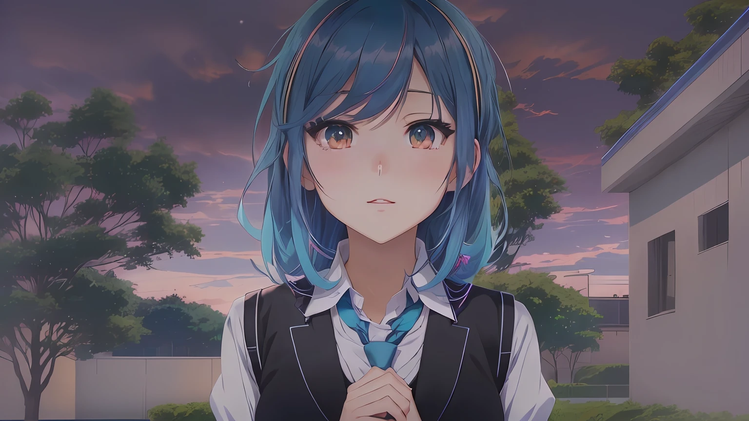 Anime girl with blue hair and black vest and tie, Anime visuals of cute girls, today's featured anime still, anime visual of a young woman, Still from TV anime, wataru kajika, in the anime film, 2 0 1 9 anime screenshot, in an anime, beautiful anime high school girl, As an anime character, Anime girl with teal hair