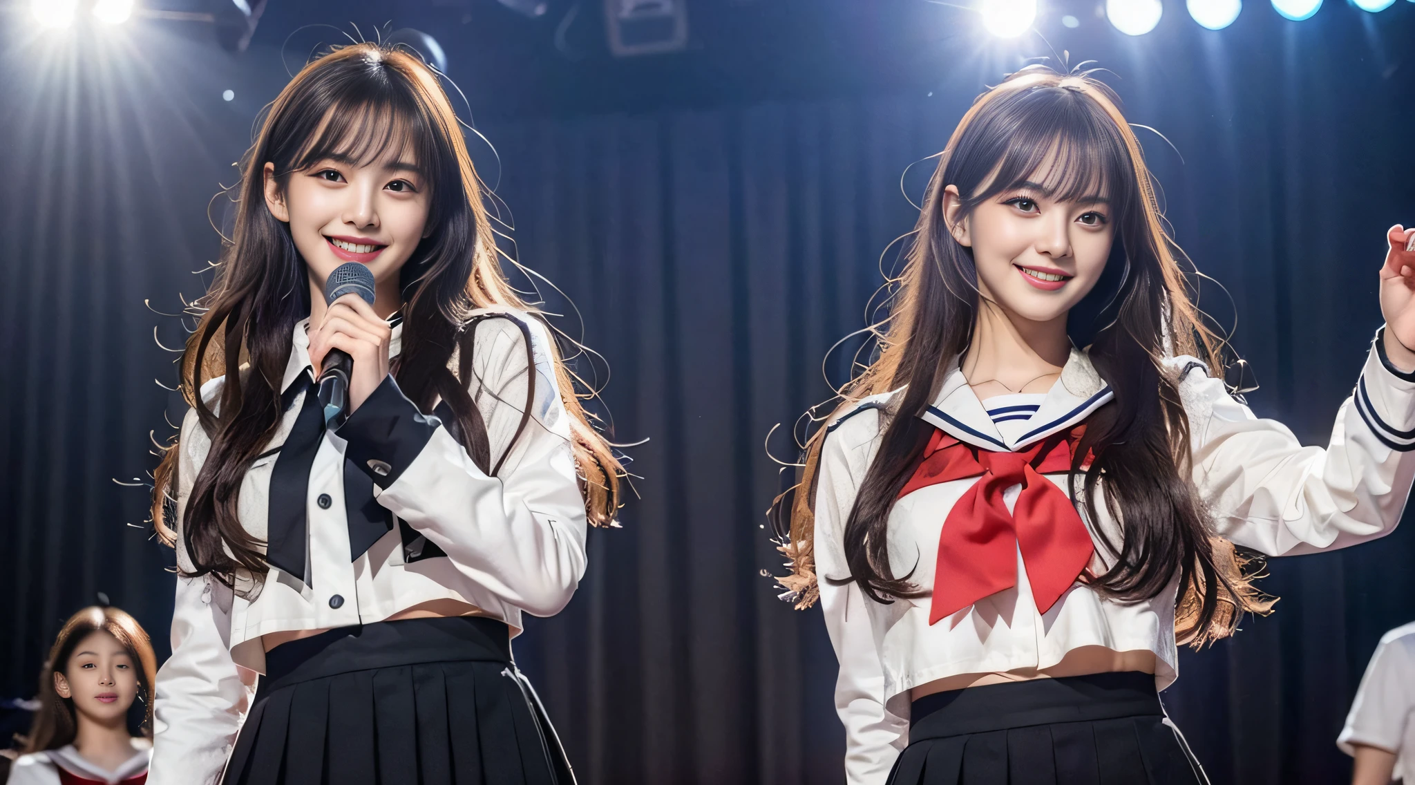 (8k, RAW photos, top quality, masterpiece: 1.2), super detail, super resolution, (photorealistic: 1.4), , high school girl miss con, schoolgirl posing on stage, smile so much that you can see teeth, full body shot, full body photo, high resolution RAW color photo, beautiful and shiny stage light, real light, detailed background of female proofreading miss con 2022, Dancing on stage, swaying skirt, holding a microphone in her right hand, very detailed and beautiful background, super high image quality, 8k wallpaper, amazing details, very fashionable and delicate uniform, very detailed beautiful girl, very detailed face very detailed eyes, very realistic skin, very detailed fingers, very detailed nose, very detailed mouth, perfect anatomy, very detailed background, very detailed clothes, teen, Cute girl, Famous Japan idol, Cute, Realistic body, Slender, White skin, Glowing skin, Slim body, Long straight hair, (Dull bangs:1.2), Realistic face, Delicate eyes, Double eyelids, Sailor suit, red tie, pink eye shadow, (((Hair is fluttering every time a high school girl dances)), Celebrity-level cuteness, Modern female proofreading, ( Heart mark under the eye wo) (Cute pose)