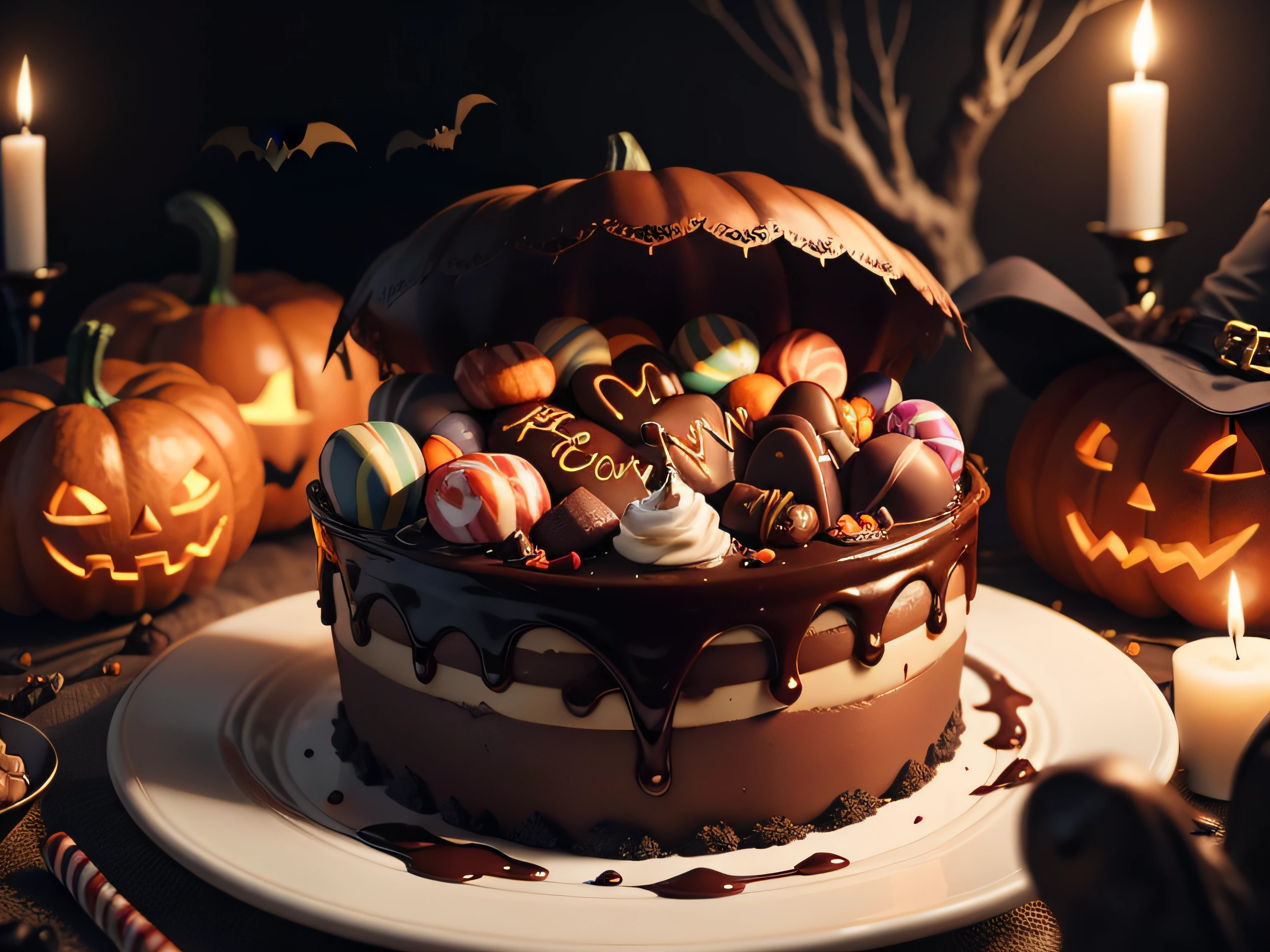 A close-up of a spooky Halloween scene, filled with candy, chocolate, and other sweet treats.
