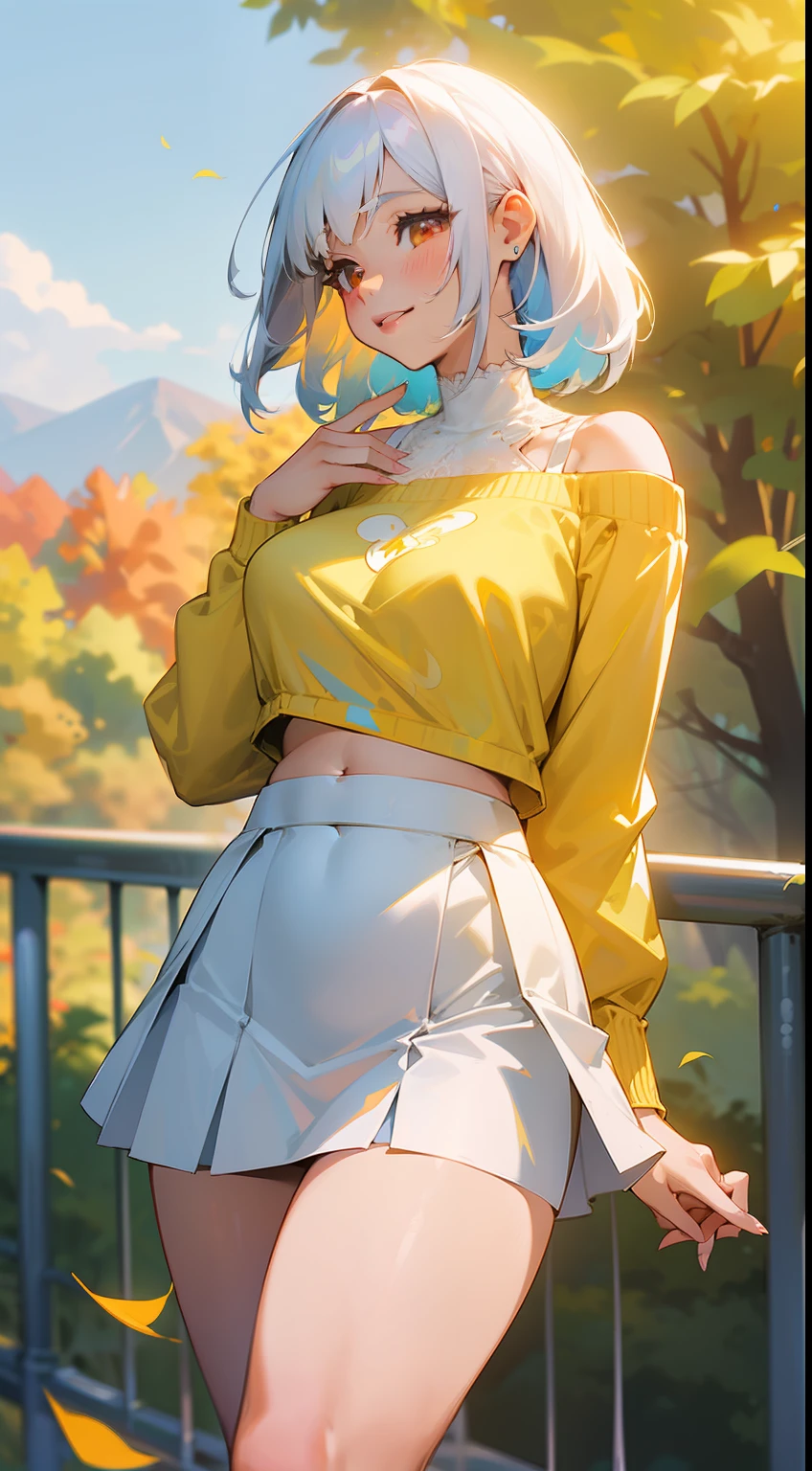 Full-size adult woman, white hair color, blue streaks, full height, light red eyes, smiling, mouth, lips, wearing transparent, hand holding handrail, ahageo-shaped grimace, ((Qutie Sweatshirt Belly Neckline Letter Graphic Drop Shoulder, white short skirt)), perfect belly, thin waist, big chest, white skin color, thick legs, thick Thighs, Fringe, lace-rimmed bra, side locks, mountain, yellow leaves of trees, scenery of background, sunset, sunlight, beautiful afternoon, clouds, wind in your hair, leaves flying, details in the environment, more vivid colors, saturated effect