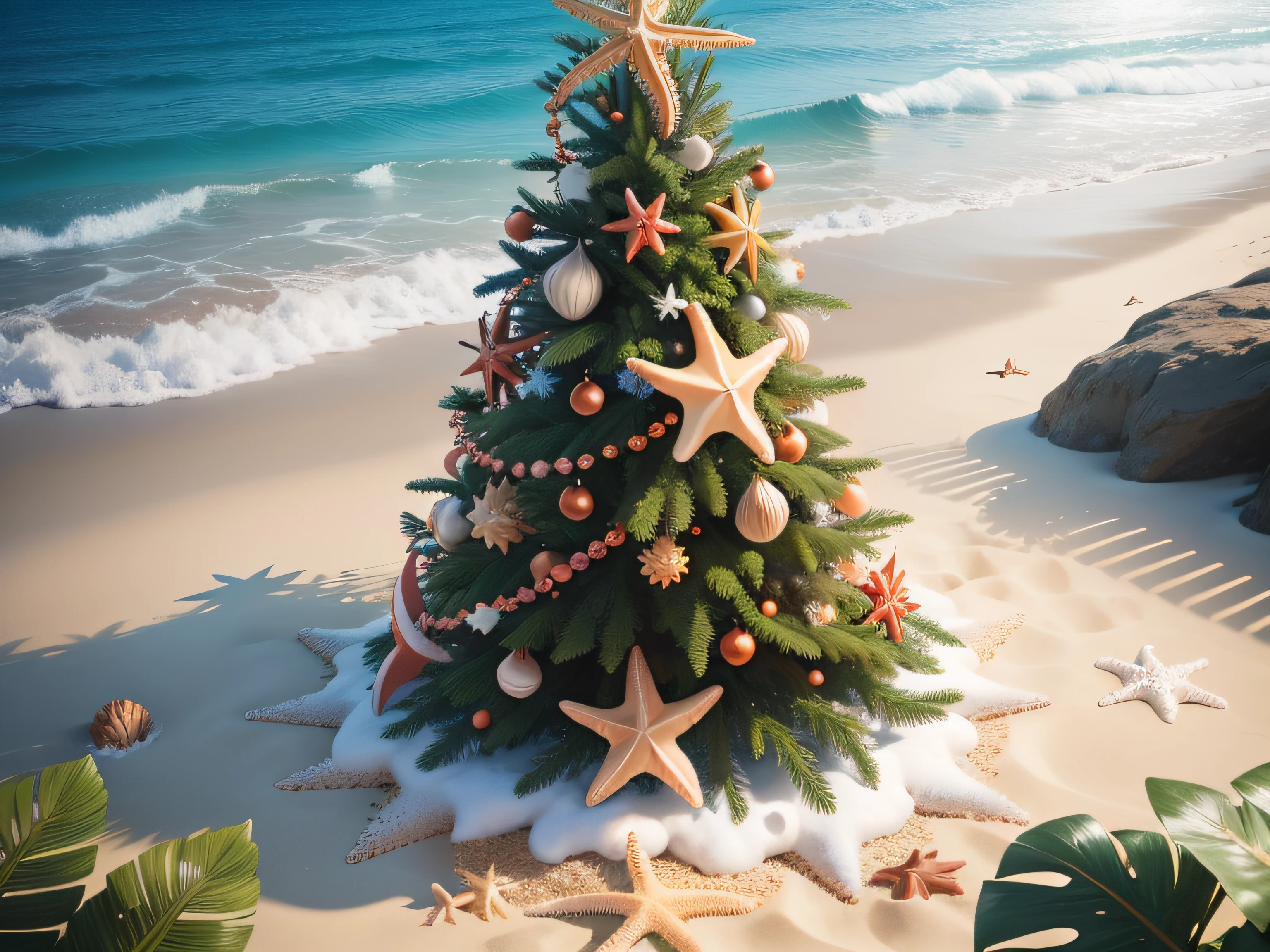 A tropical summer Christmas tree, with a cascade of shells and starfish, surrounded by a tranquil beach.