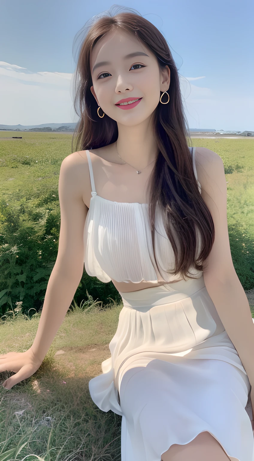 ,((best qualtiy, 8K, tmasterpiece:1.3)), A pretty maiden,Pure,skinny and thin,Melon seed face,gentle and cute,bite lips,grinning smile,Throw a wink,Thin stature,(frontage),staring right into camera,uniform, Obi, formal,Long curly hair,Long hair flowing over the shoulders,round black big eyes,Clear big eyes,Hydrated red lips,Sweet,On the prairie,Sit and watch the view,There are stars,themoon,(Chiffon skirt,White chiffon top)((telephoto shot)),No bra