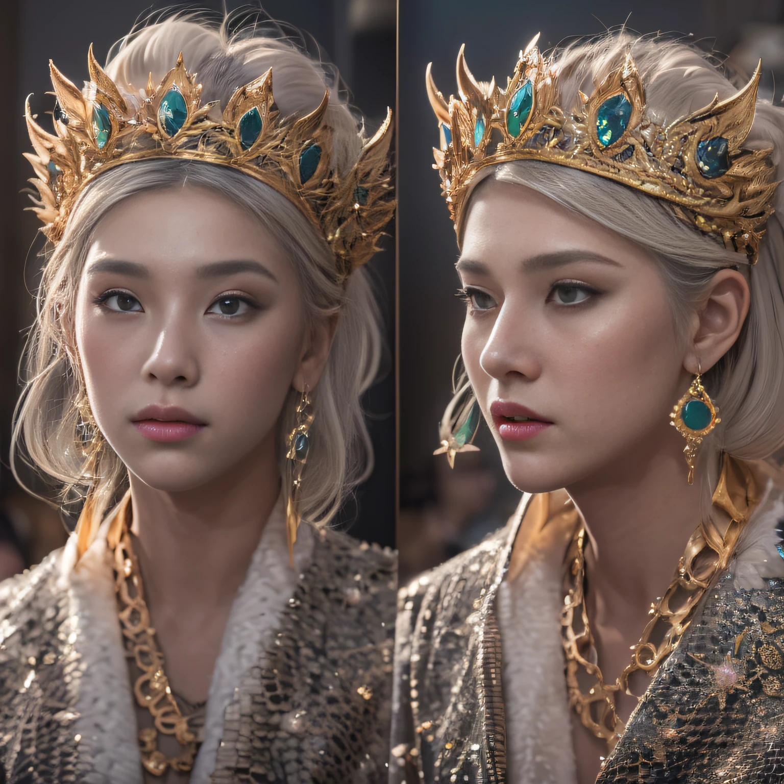 16k(tmasterpiece,k hd,hyper HD,16k)short detailed hair,Gold jewelry area in the back room,Flame Girl ,Crocodile protector (realisticlying:1.4),Python pattern robe,Purple-pink tiara,Snowflakes fluttering,The background is pure,Hold your head high,Be proud,The nostrils look at people, A high resolution, the detail, RAW photogr, Sharp Re, Nikon D850 Film Stock Photo by Jefferies Lee 4 Kodak Portra 400 Camera F1.6 shots, Rich colors, ultra-realistic vivid textures, Dramatic lighting, Unreal Engine Art Station Trend, cinestir 800,Hold your head high,Be proud,The nostrils look at people