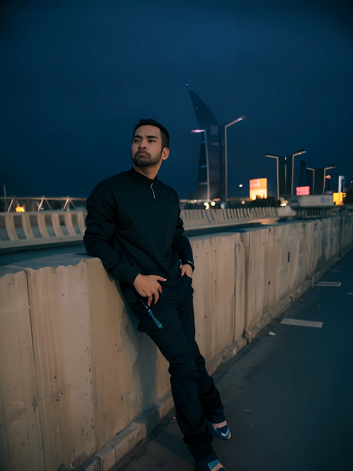 there is a man leaning against a wall on a sidewalk, burj Khalifa in background, taken with sony a7r camera, very artistic pose, photo taken with sony a7r camera, taken with sony alpha 9, captured with sony a3 camera, in city street, in a menacing pose, full body photogenic shot, taken with the best dlsr camera, standing in road