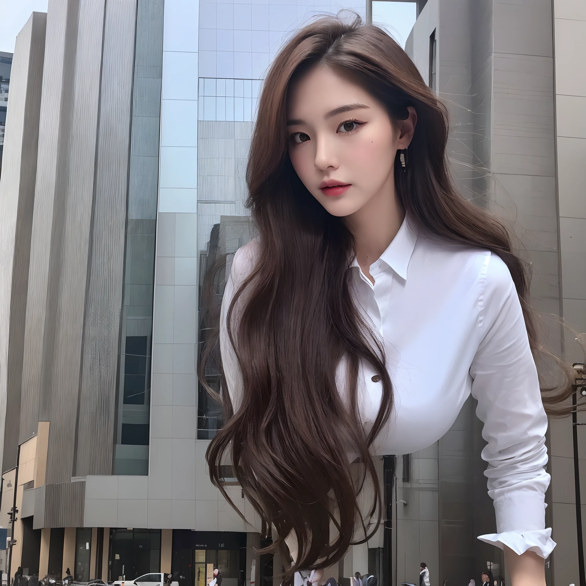 (Best quality, High resolution, Masterpiece :1.3), A tall and pretty woman, Slender abs, Dark brown hair styled in loose waves, Breasts, White button up shirt, Black pleated skirt, (Modern architecture in background), Details exquisitely rendered in the face and skin texture, Detailed eyes, Double eyelid