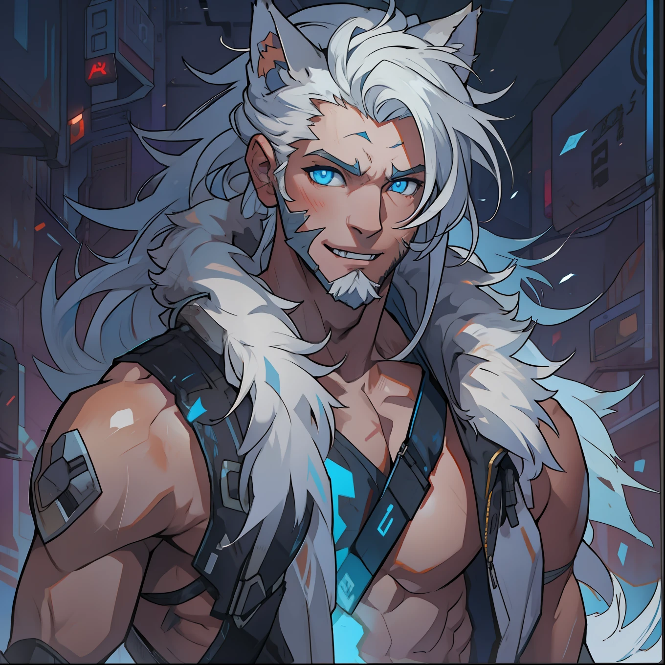 Male with light beard, flowing white hair, has wolf ears, has wolf tail, shirtless, happy, playful, in cyberpunk outfit, has blue eyes