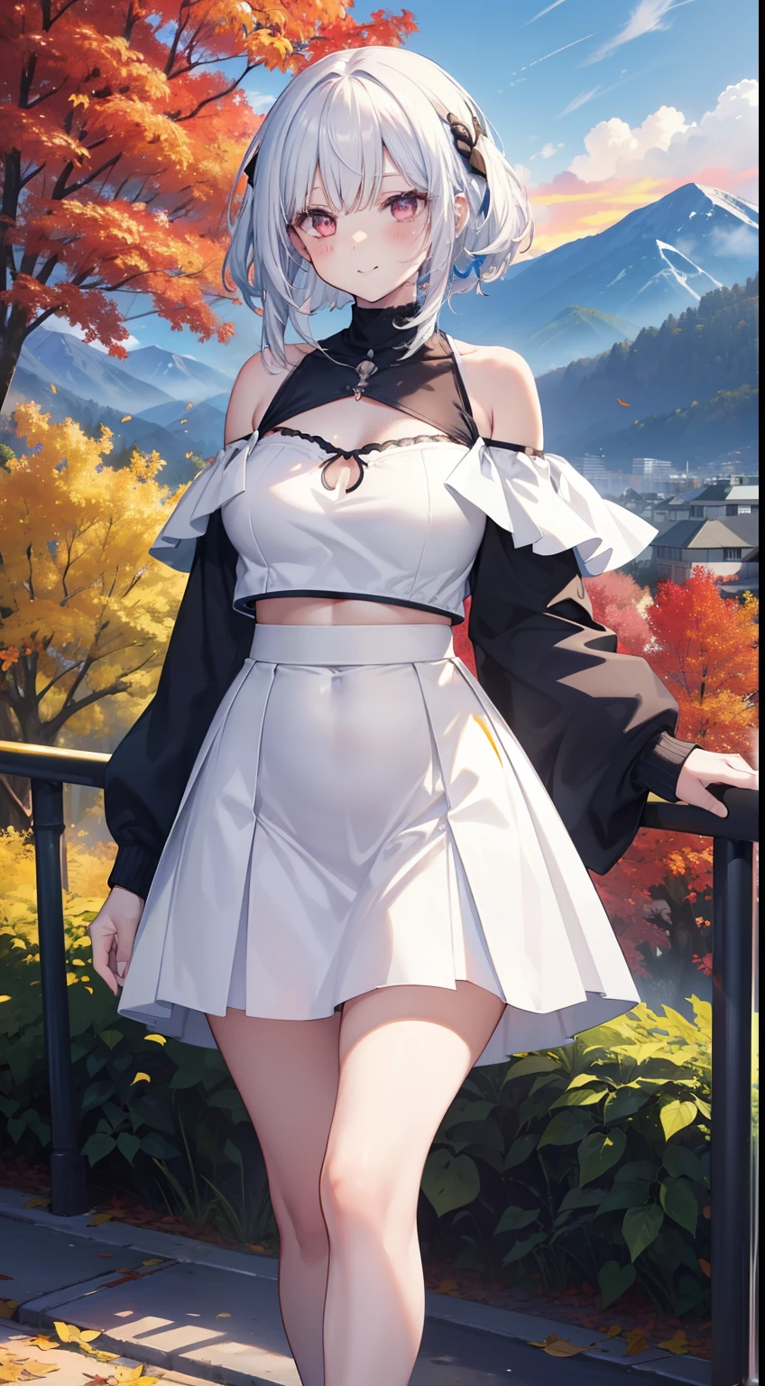 Full-size adult woman, white hair color, blue streaks, full height, light red eyes, smiling, mouth, lips, wearing transparent, hand holding handrail, ahageo-shaped grimace, ((Qutie Sweatshirt Belly Neckline Letter Graphic Drop Shoulder, white short skirt)), perfect belly, thin waist, big chest, white skin color, thick legs, thick Thighs, Fringe, lace-rimmed bra, side locks, mountain, yellow leaves of trees, scenery of background, sunset, sunlight, beautiful afternoon, clouds, wind in your hair, leaves flying, details in the environment, more vivid colors, saturated effect