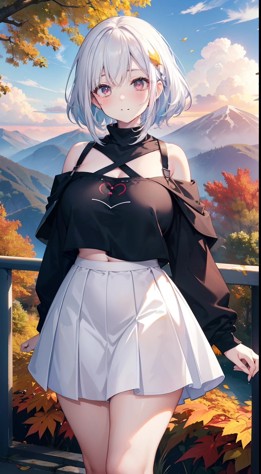 Full-size adult woman, white hair color, blue streaks, full height, light red eyes, smiling, mouth, lips, wearing transparent, hand holding handrail, ahageo-shaped grimace, ((Qutie Sweatshirt Belly Neckline Letter Graphic Drop Shoulder, white short skirt)), perfect belly, thin waist, big chest, white skin color, thick legs, thick Thighs, Fringe, lace-rimmed bra, side locks, mountain, yellow leaves of trees, scenery of background, sunset, sunlight, beautiful afternoon, clouds, wind in your hair, leaves flying, details in the environment, more vivid colors, saturated effect