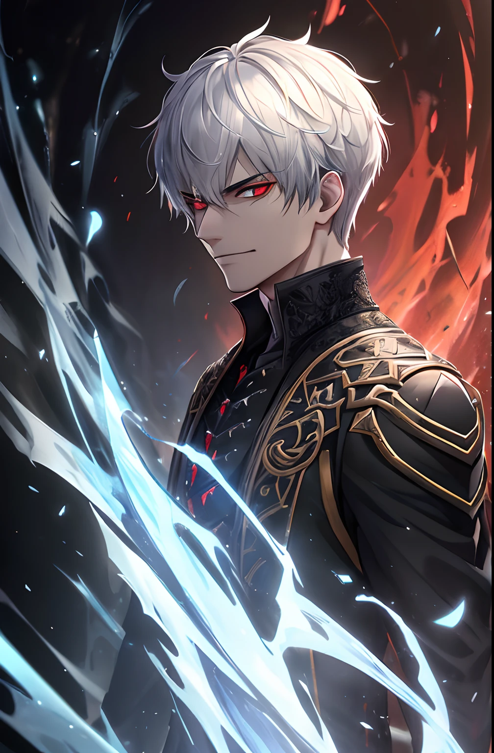 kk, best quality, more details, masterpiece, portrait, 1boy, male focus,  (evil:1.2),(from below:1), male focus, solo, smile, kaneki ken, heterochromia, black sclera, colored sclera, white hair, red eyes, looking at viewer, grin, portrait, bangs, short hair,dark energy, colorful, vibrant colors, portal to another world, side view, face_focus, zoomed_face, zoomed_in, bokeh,
bloody, evil, dark,moody, spooky background, villian, colorful, beautiful,
ultra realistic, intricate details, elegant, hyper realistic, tonemapping, hyperfocus, sharp focus, [volumetric lighting],photorealistic realistic, luxurious, 8k, detailed, ray tracing, depth of field, cinematic lighting, small gold particles,