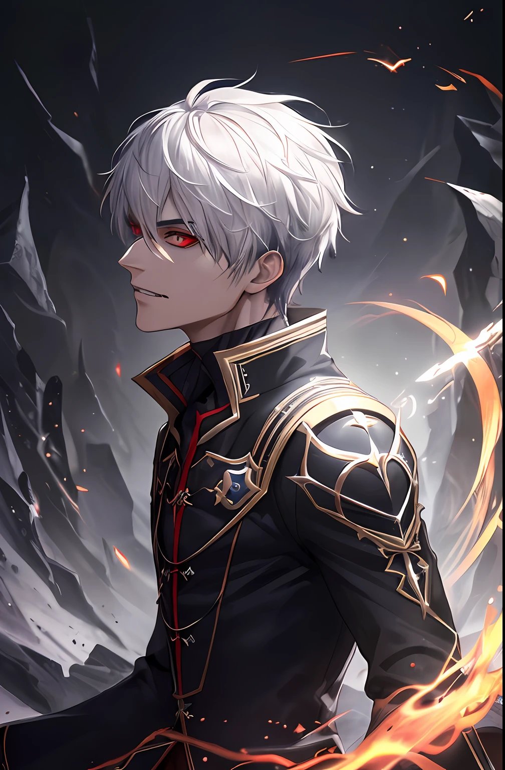 kk, best quality, more details, masterpiece, portrait, 1boy, male focus,  (evil:1.2),(from below:1), male focus, solo, smile, kaneki ken, heterochromia, black sclera, colored sclera, white hair, red eyes, looking at viewer, grin, portrait, bangs, short hair,dark energy, colorful, vibrant colors, portal to another world, side view, face_focus, zoomed_face, zoomed_in, bokeh,
bloody, evil, dark,moody, spooky background, villian, colorful, beautiful,
ultra realistic, intricate details, elegant, hyper realistic, tonemapping, hyperfocus, sharp focus, [volumetric lighting],photorealistic realistic, luxurious, 8k, detailed, ray tracing, depth of field, cinematic lighting, small gold particles,