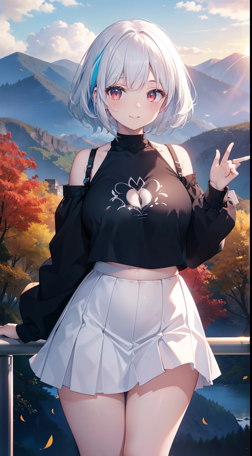 Full-size adult woman, white hair color, blue streaks, full height, light red eyes, smiling, mouth, lips, wearing transparent, hand holding handrail, ahageo-shaped grimace, ((Qutie Sweatshirt Belly Neckline Letter Graphic Drop Shoulder, white short skirt)), perfect belly, thin waist, big chest, white skin color, thick legs, thick Thighs, Fringe, lace-rimmed bra, side locks, mountain, yellow leaves of trees, scenery of background, sunset, sunlight, beautiful afternoon, clouds, wind in your hair, leaves flying, details in the environment, more vivid colors, saturated effect