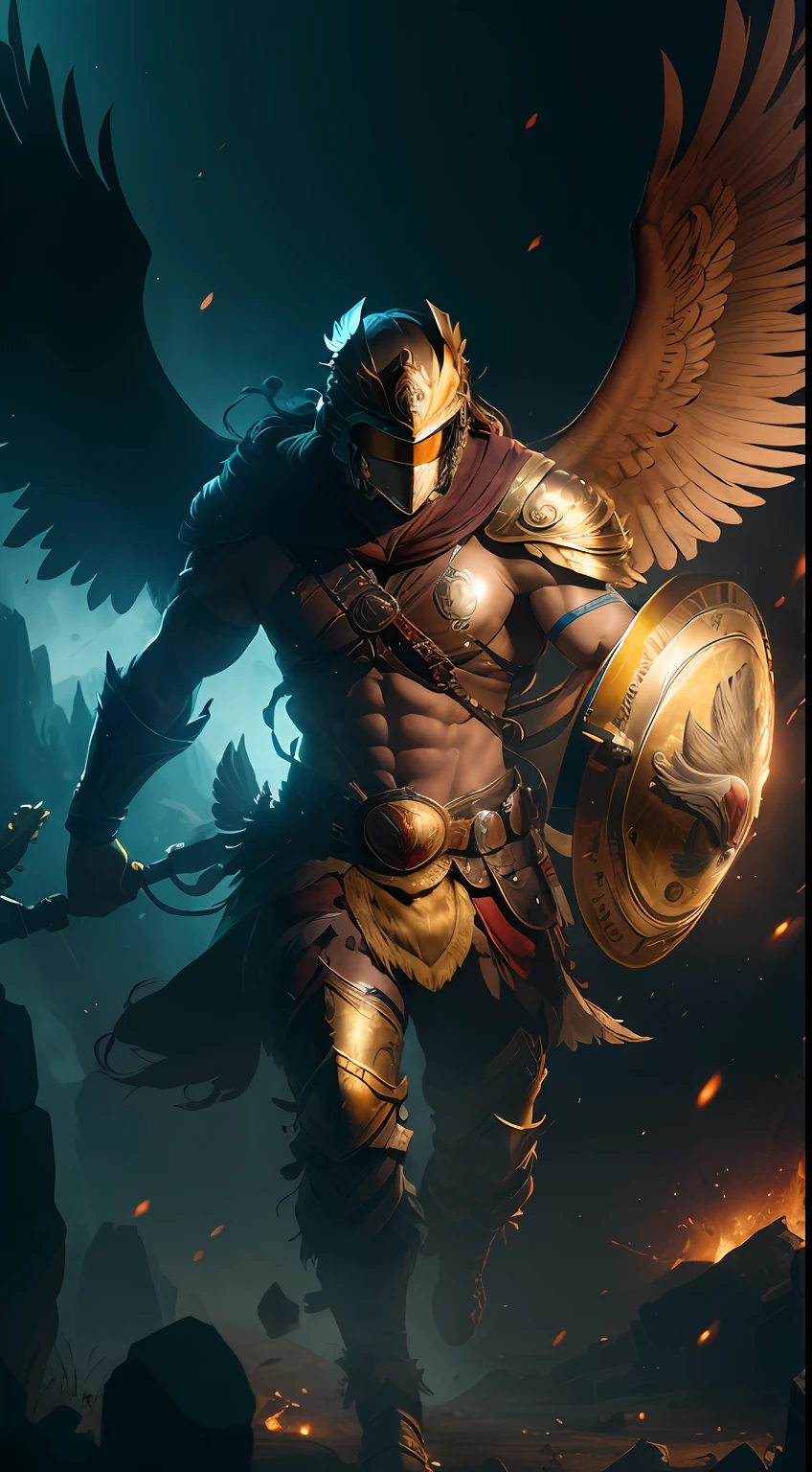 (8k), Ultra resolution 8K, Stunning illustration of a hero wearing an eagle mask helmet, Warrior Prince,Athletic Body Eagle Warrior Costume, cinematic lighting,action pose, agregar efecto al final,Mythical background