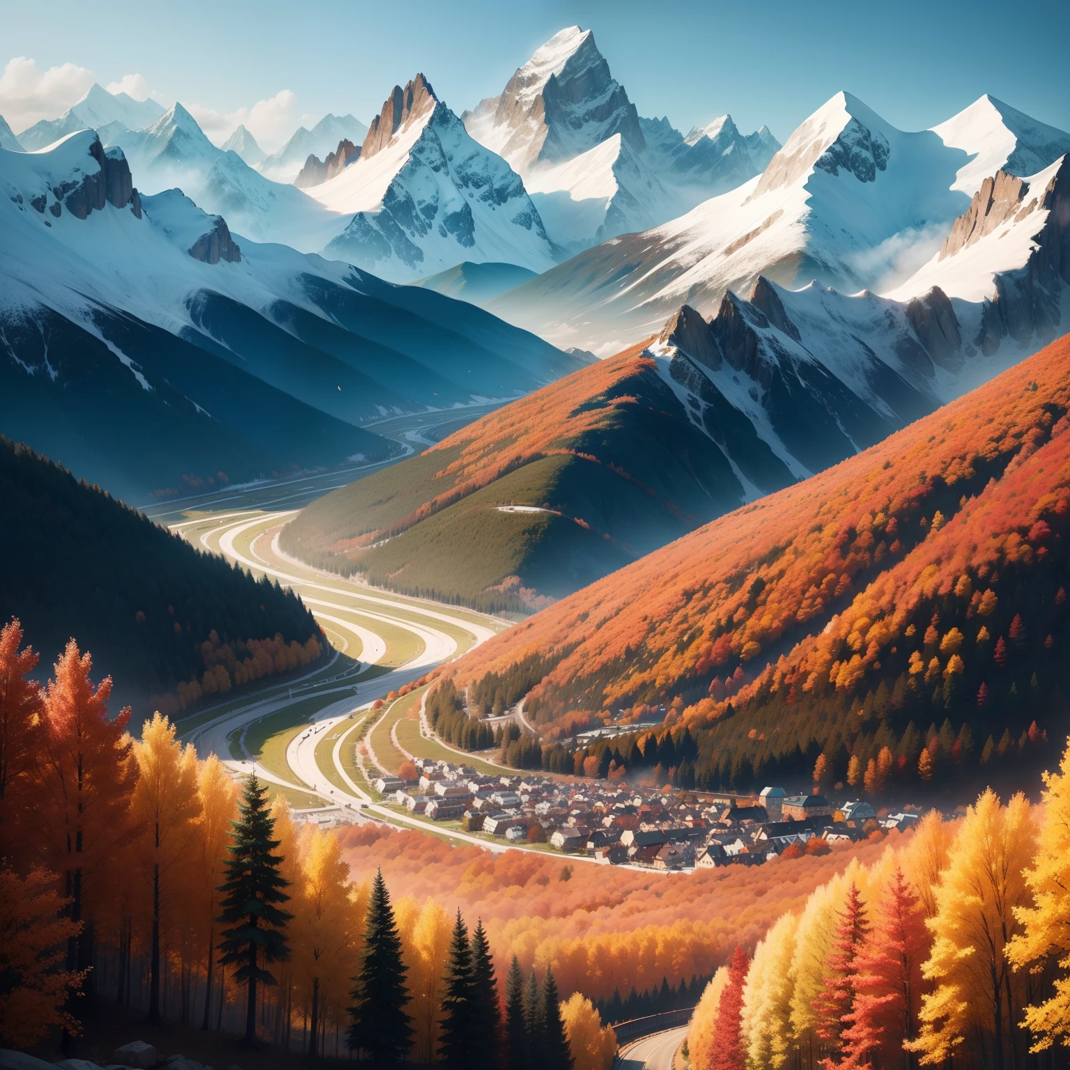 mont、alps、ren、Beautiful mountains、Colored leaves、top-quality、masterpiece、超A high resolution、great outdoors、highrise buildings、autumnal