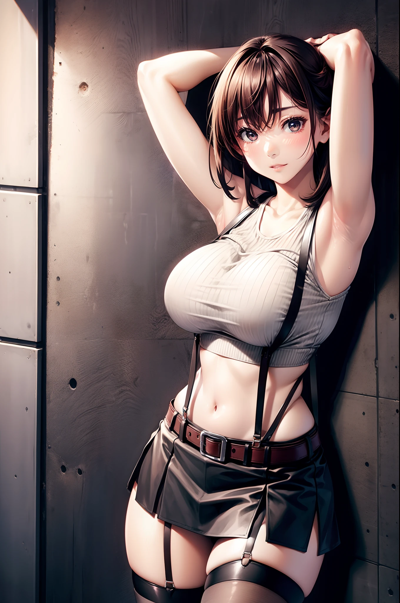 Big breasts suspenders garterbelts Black stockings Armpit sweat a miniskirt Brown hair Gray eyes Futomo hason Tight tank top Hands behind the head Belt surrender Wall behind