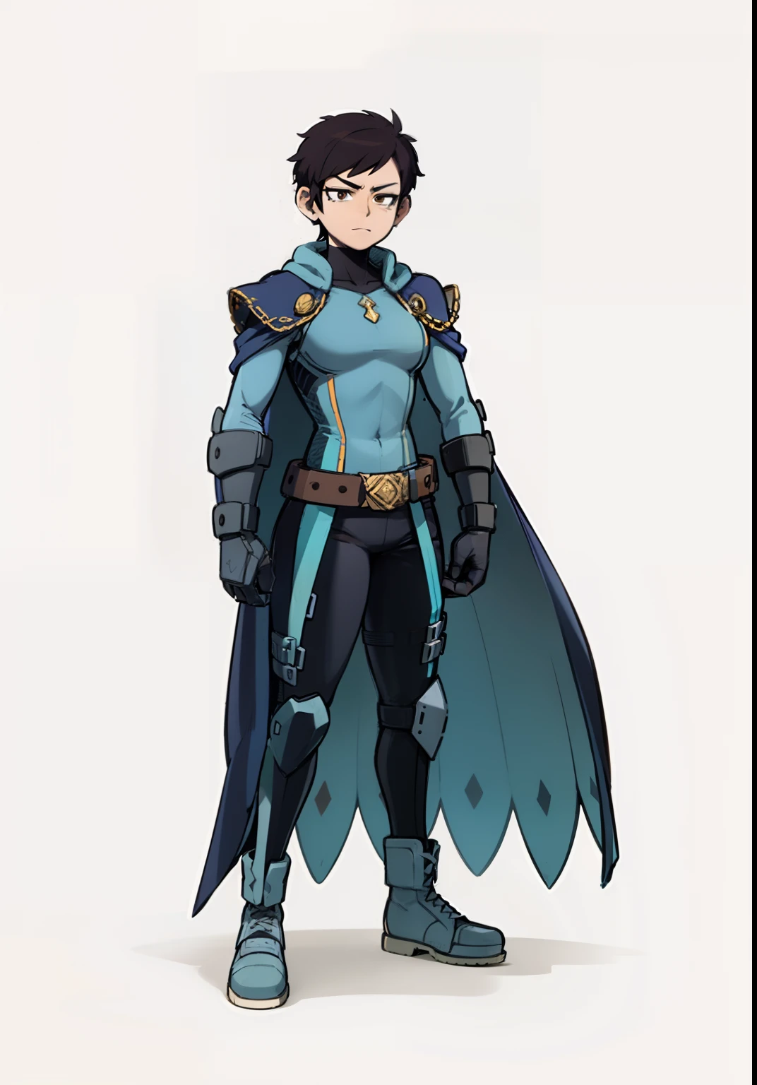 My Hero Academia Style, Luz Noceda, The Owl House, Anime Girl, female, trending on artstation pixiv, (full body shot:0.5), Masterpiece, Short Brown Hair, Pixie Cut, Brunette Skin, Brown Eyes, Long Side Bangs, Hero Costume, Full Body Suit, Indigo Blue Suit with Gold Lines, Brown Ankle Boots, Ankle Boots with toe cap, gold metal knee pads, brown gloves, long purple cloak with hood, pointed hood, hood down, medium chest, wide thighs, wide hips,