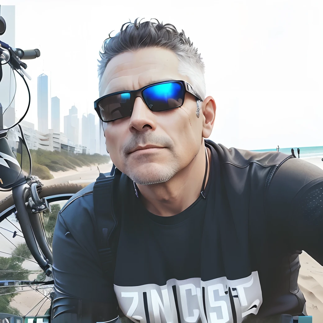 Man in sunglasses and black shirt sitting next to a bicycle, instagram post, foto do perfil, foto do instagram, imagem de perfil, foto do instagram, cerca de 3 5 anos, standing near the beach, ciclismo!!, ele tem cerca de 4 0 anos de idade, ele tem cerca de 40 anos, foto do snapchat, Homens de 45 anos, Cyberpunk,scientific fiction, futuristic cyberpunk glasses,Alto realismo, sem bicicleta, sem praia, cabelo azul