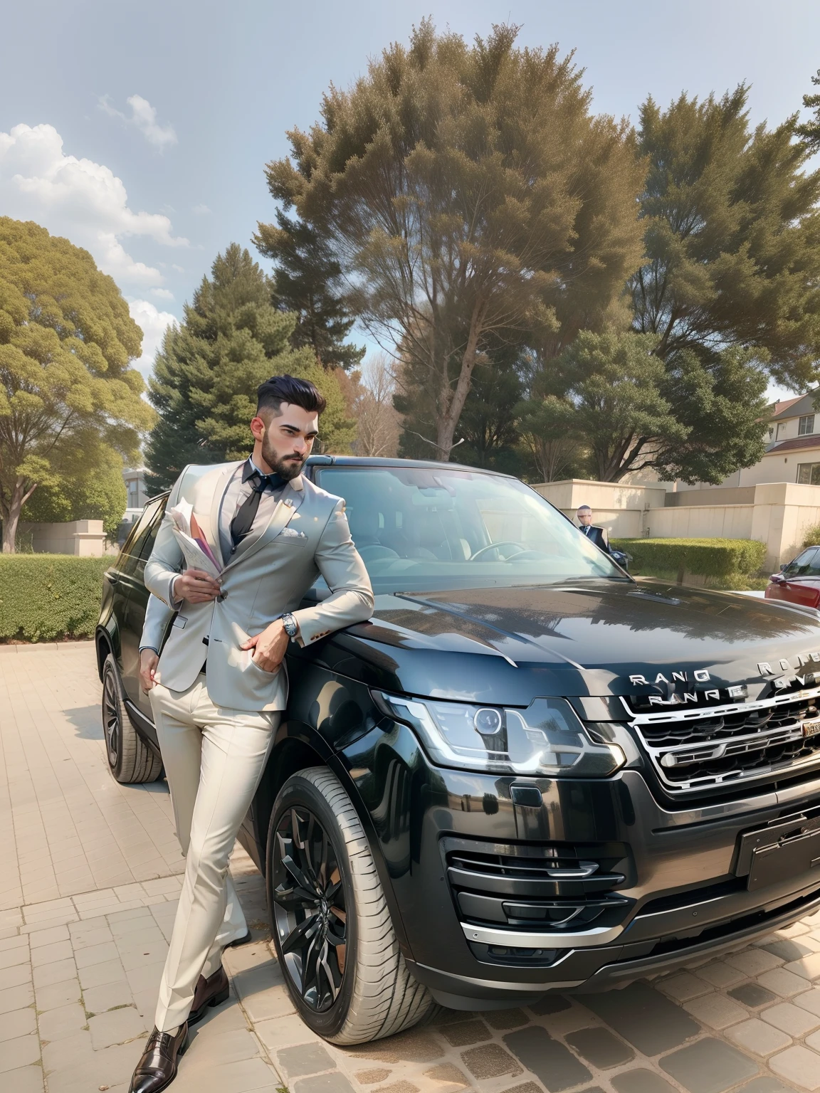 change photo with young man standing with range rover in suit and long coat , bundle of cash in men hand, pitbull dog along side of men, photorealstic, 32k