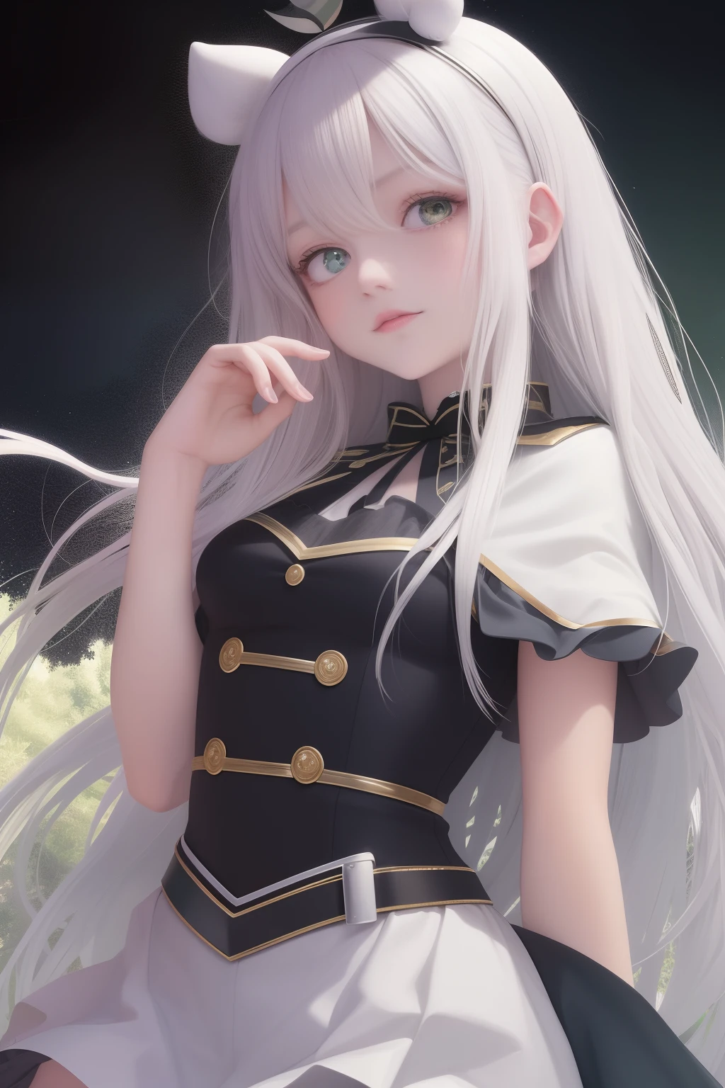 Best quality, tmasterpiece, White hair, green-eyed, sistineFibeldef, Sistine Fibel Lund, head looking up, The upper part of the body,White-pink clothes