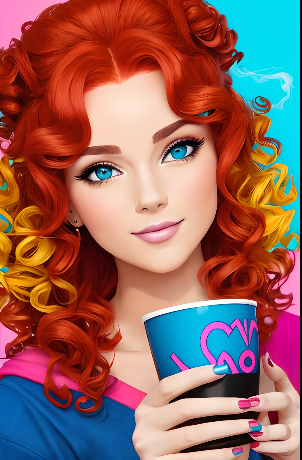 (A BEAUTIFUL RED-HAIRED WOMAN CURLY RED HAIR, HAPPY, ORIGINAL WITH A NICE CUP OF COFFEE COMING OUT SMOKE IN HER HAND, Beautiful cup ,Coloridas ,pink and blue and yellow WRITTEN WE COOFFE IN THE CUP ),  Eduardo Kobra ,Romero Brito,The Filling Twins ,multidimensional geometric wall PORTRAIT, arte, Chibi,
Yang08k, lindo, Colouring,
Primary works, qualidade superior, melhor qualidade, Arte Oficial, Beautiful and Aesthetic, 128 mil