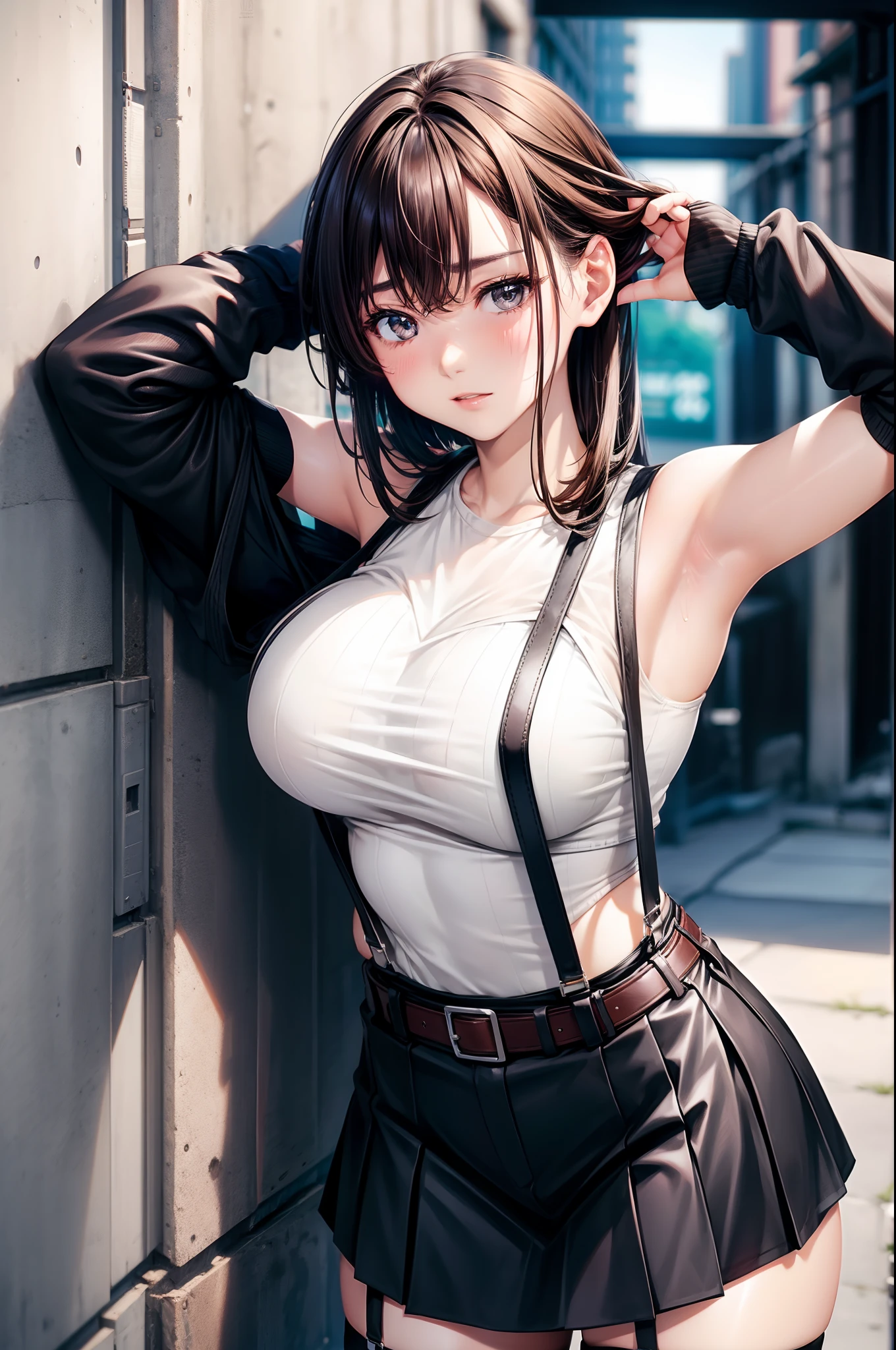 Big breasts　　　suspenders　　garterbelts　　　Black stockings　　　Armpit sweat　a miniskirt　Brown hair　Gray eyes　　Futomo　hason　Tight tank top　Hands behind the head　Belt surrender　　　Wall behind