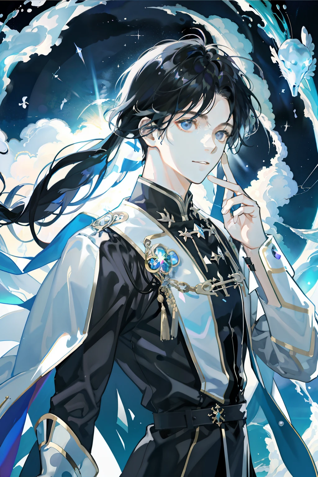 tmasterpiece、Need、1male people、Black hair and black eyes、Investigator、AS-Adult、dark themes、Magic Array、Buble、rainbow Sunlight、under the water、Reflected mirror、floating piece of Glass、Rainbow light、Bubble Swirling、Wind swirl、extreme light、Fantastic landscape, Starlight around the character, (The upper part of the body)