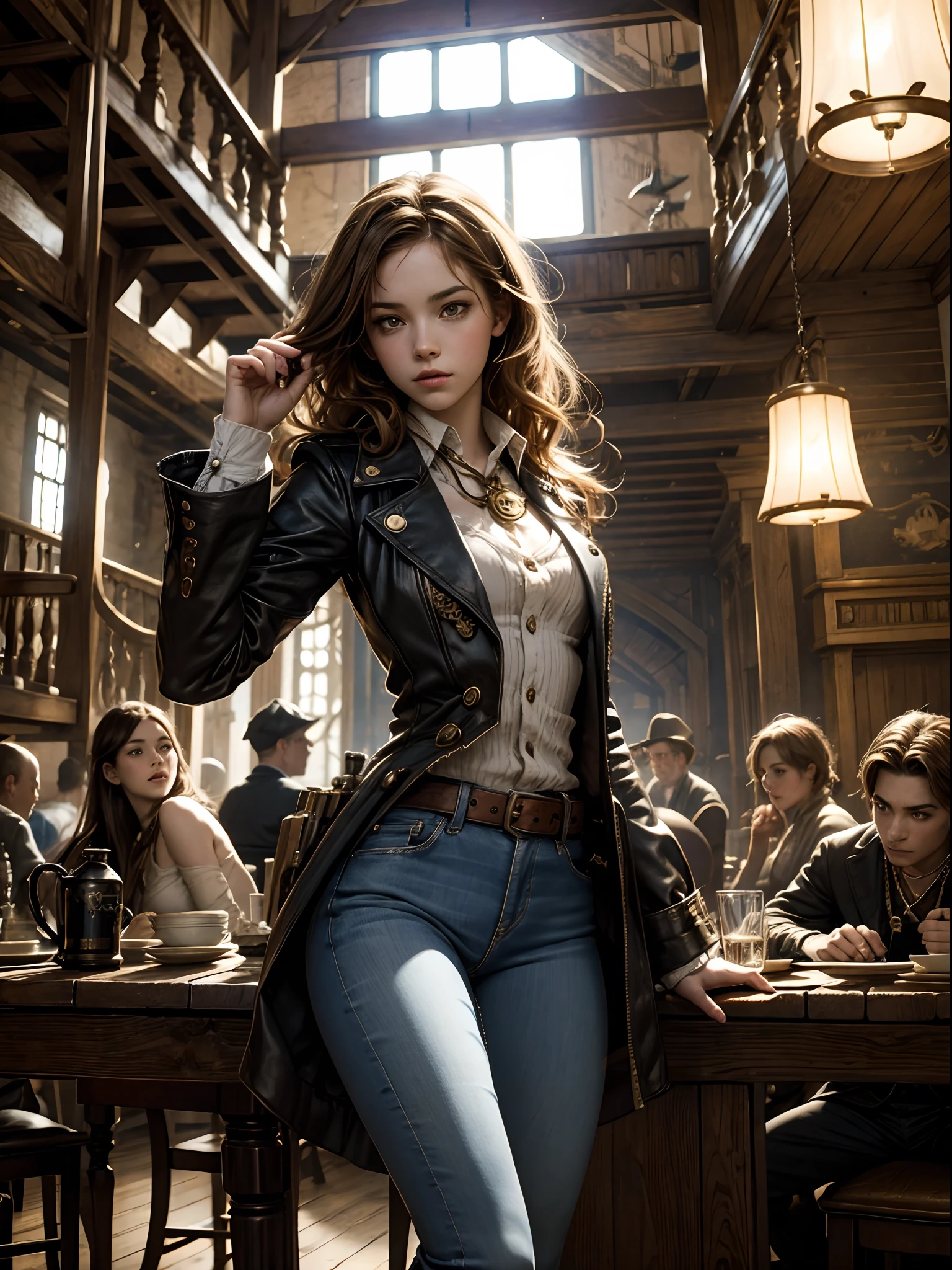 white emma watspn as a steampunk girl bending over, at the table. jeans. slender and graceful frame. inside pirate ship