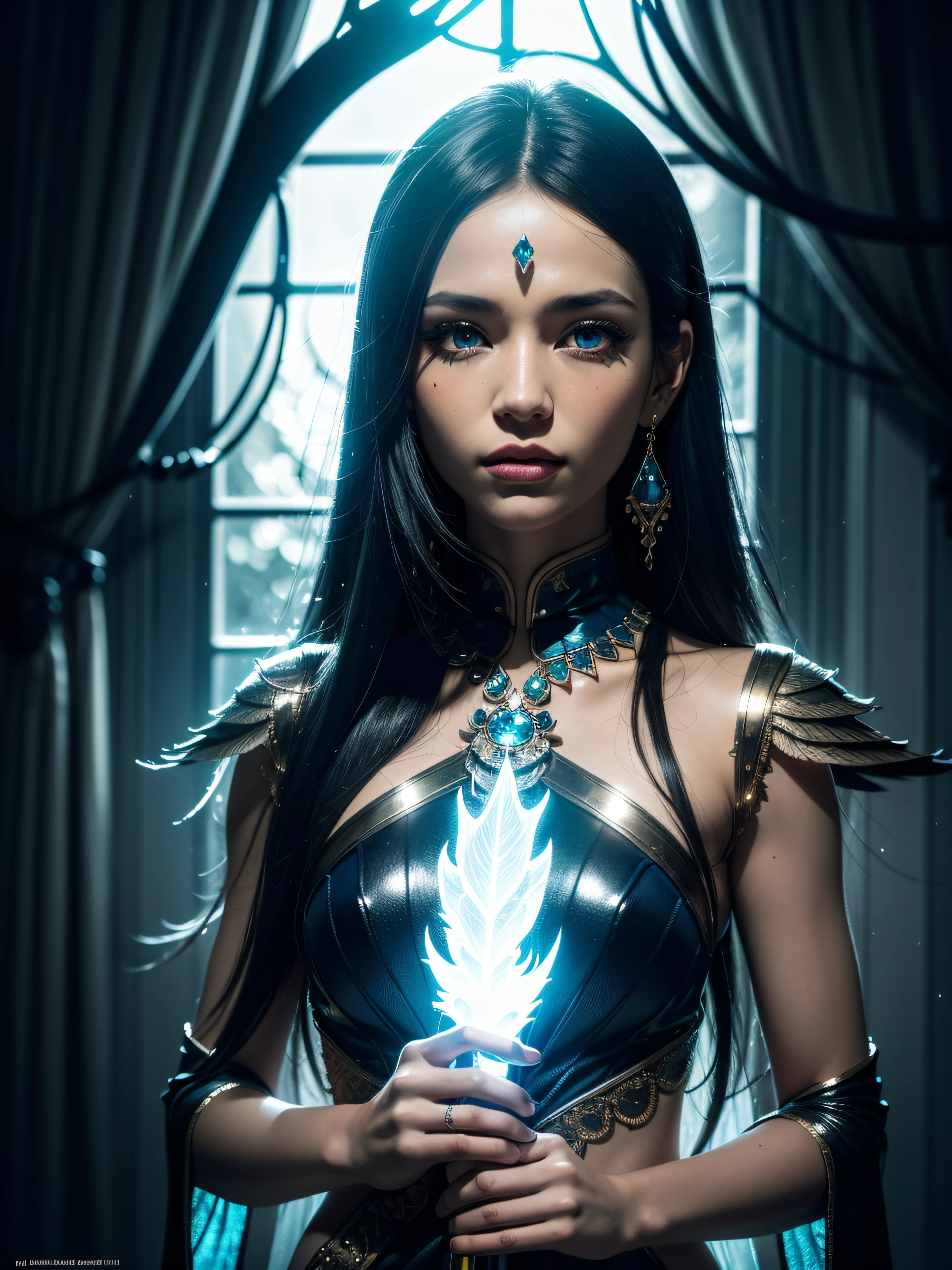 (mysterious:1.3), ultra-realistic mix fantasy, (giant eastern phoenix:1.2), asian woman holding a energy thunder sword,void thunder sword, in the style of dark azure and light azure, mixes realistic and fantastical elements, vibrant manga, uhd image, glassy translucence, vibrant illustrations, ultra realistic, long hair, straight hair, white hair,head jewelly, jewelly,light In eyes, red eyes, portrait, firefly, bokeh, fantasy, colorful waterfall, flame, very detailed, high resolution, sharp, sharp image, 4k, 8k, masterpiece, best quality, magic effect, (high contrast:1.4), dream art, diamond, skin detail, face detail, eyes detail, mysterious colorful background, dark blue themes