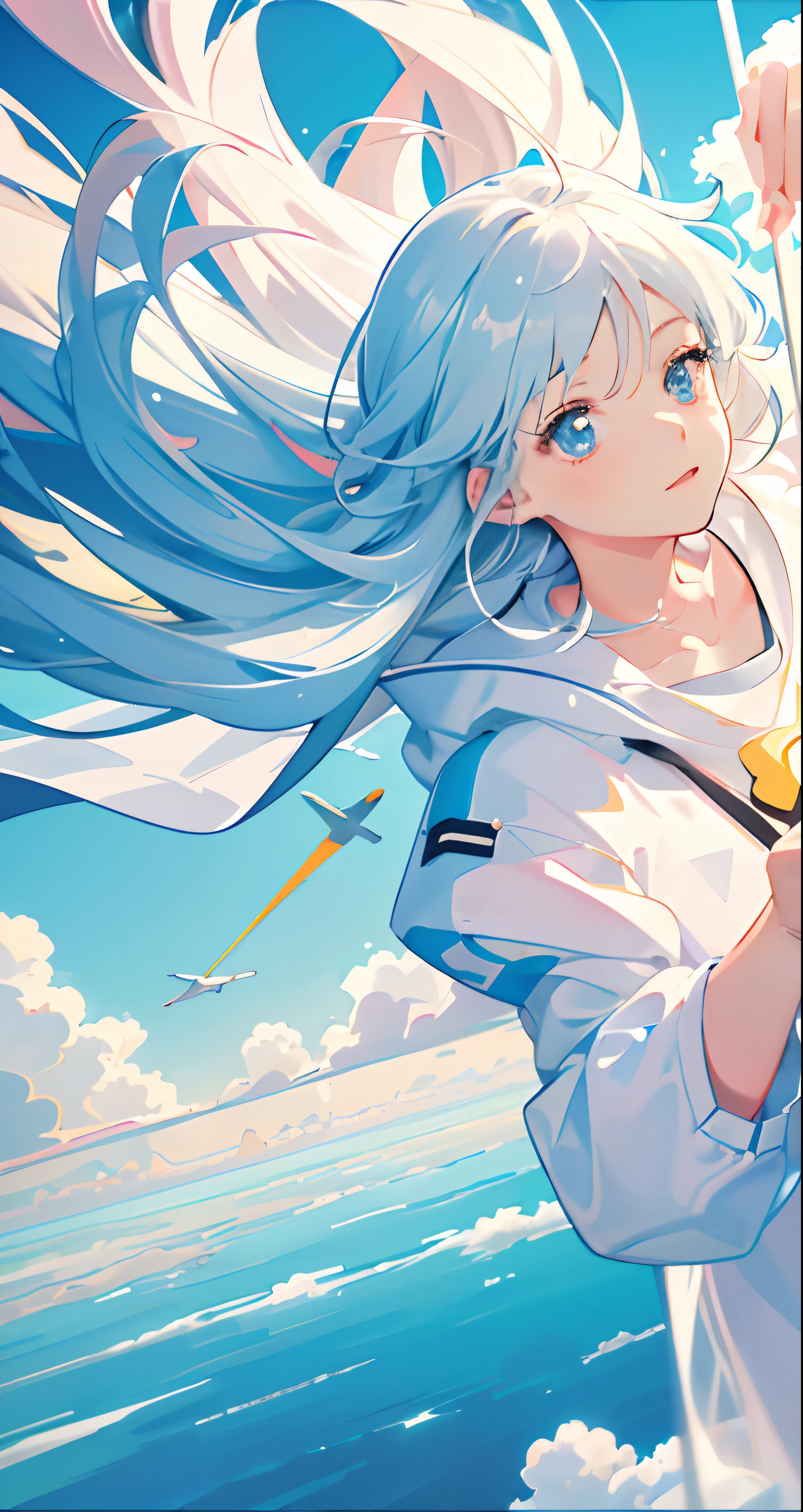 Masterpiece, Best Quality, Movie Stills, 2girl, Floating in the Sky, Cloud Girl, Clouds, (Close-up: 1.1), Bright, Happy, Funny, Soft Light, (Bauhaus, Shapes, Lines, Abstract: 1.1)