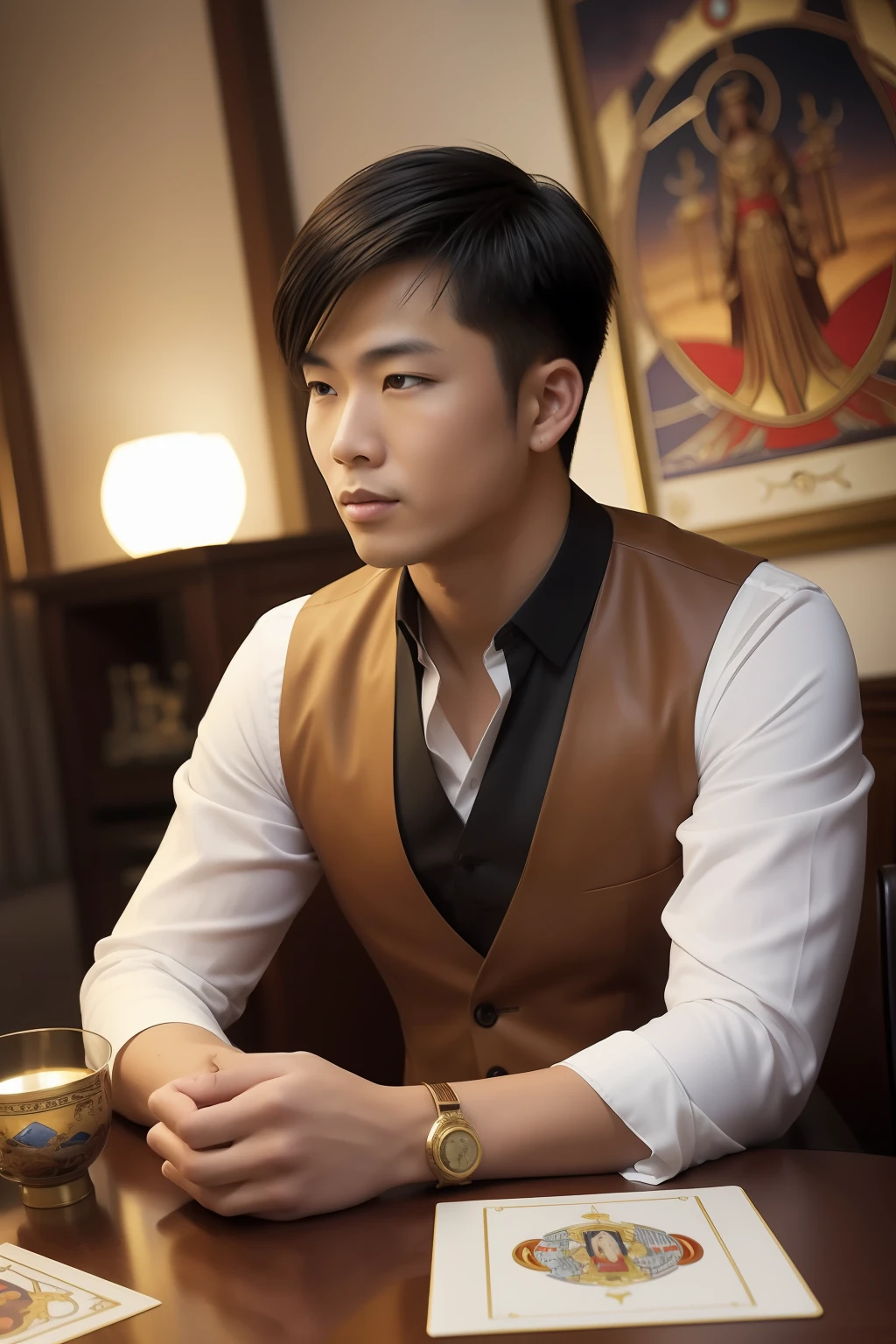 Best Picture Quality,Masterpiece level,Super detailed background,Anime style,A sense of grand atmosphere,Focus aiming,Close-up mode,Side angle,Depth of field effect,bokeh feeling,Handsome male Asian tarot division,Sit behind the table,There are tarot cards on the table,There is a taijitu in the background。