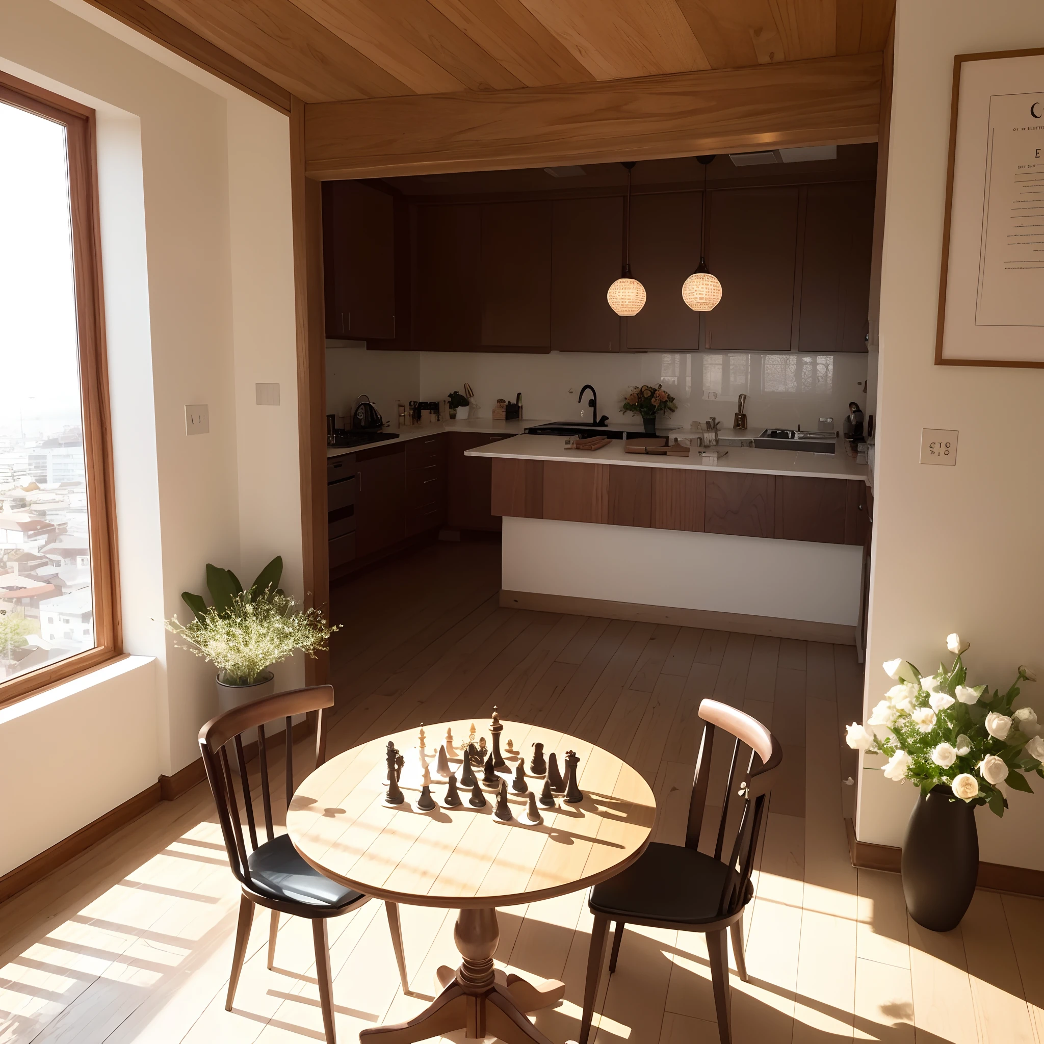 Uma sala com paredes de madeira com estante com livros, a table of chess games two tables with breakfast prepared a counter with utensils for coffee a coffee house of a picture on the wall the floor also of wood many books on the shelf 8k 4K very beautiful a frame of target shooting on the table has vase of white flowers and on the table of the chess game pink flowers brown medieval style chairs a vase with plants of the Outside a garden with beige and brown flowers Cushions on the chairs Lampshades very beautiful A balcony door Berta that shows the city with buildings Outside Every house has beige tones Brown and yellow Environment conveys tranquility Lots of peace