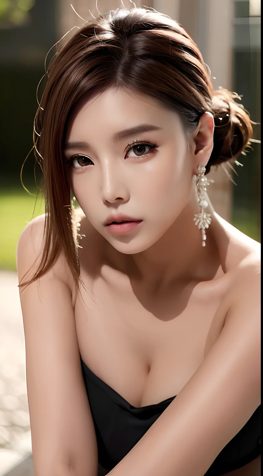natural blushing Kpop idol, full body, (((chignon bronze hair))), see-through lingerie, dynamic poses, (RAW photo:1.2), (photorealistic:1.4), (masterpiece:1.3), (intricate details:1.2), beautiful detailed, (detailed eyes), (detailed facial features), (24 years old female), petite, small breasts, narrow waist, (looking_at_viewer:1.4), from_front, slim_legs, (best quality:1.4), (ultra highres:1.2), cinema light, outdoors, (extreme detailed illustration), (lipgloss, eyelashes, best quality, ultra highres, depth of field, caustics, Broad lighting, natural shading, 85mm, f/1.4, ISO 200, 1/160s:0.75)