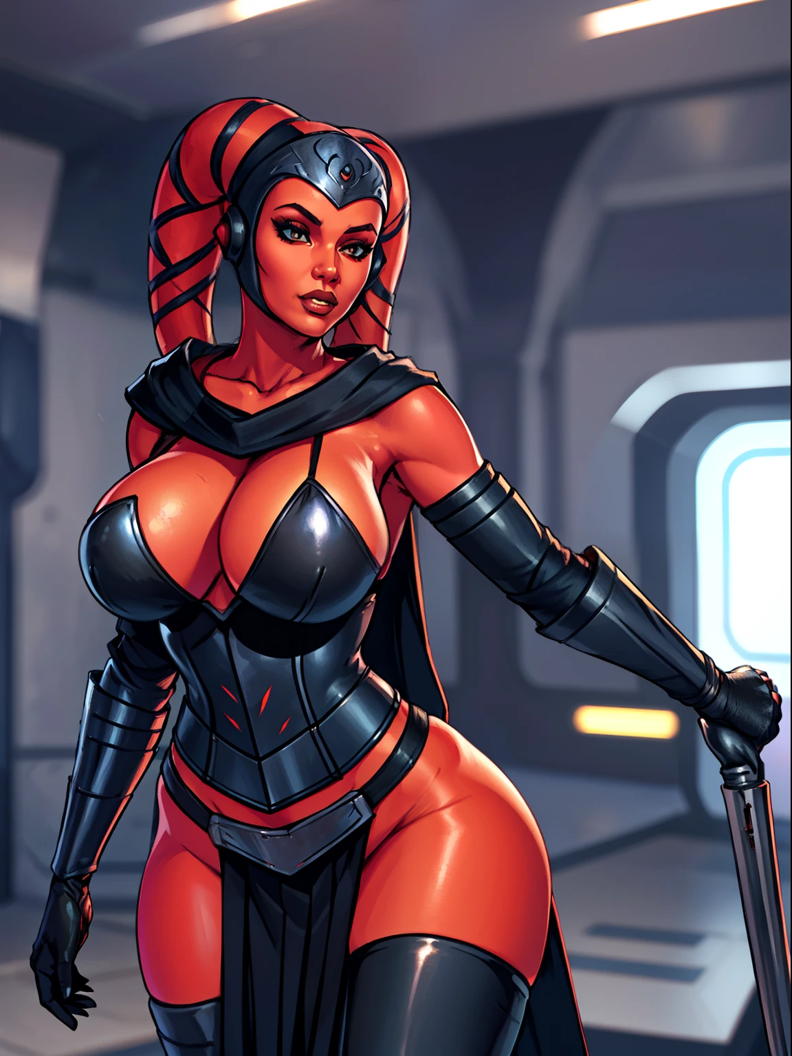 Sexy big tits Twi'lek, lithe body, massive tits, gigantic boobs, busty, thin, (tight butt, tight ass, round ass), athletic, ((red skin), twi'lek), evil space knight, space ninja, (wearing (((modest))) loose black tunic, cowl, cloak, gloves, leggings, straps, buckles, corset, long skirts, long sleeves, fantasy, ((armor))), ((busty), slender body, thin, slim sexy body, slim waist, ((huge breasts))), Imperial starship, Star Wars,