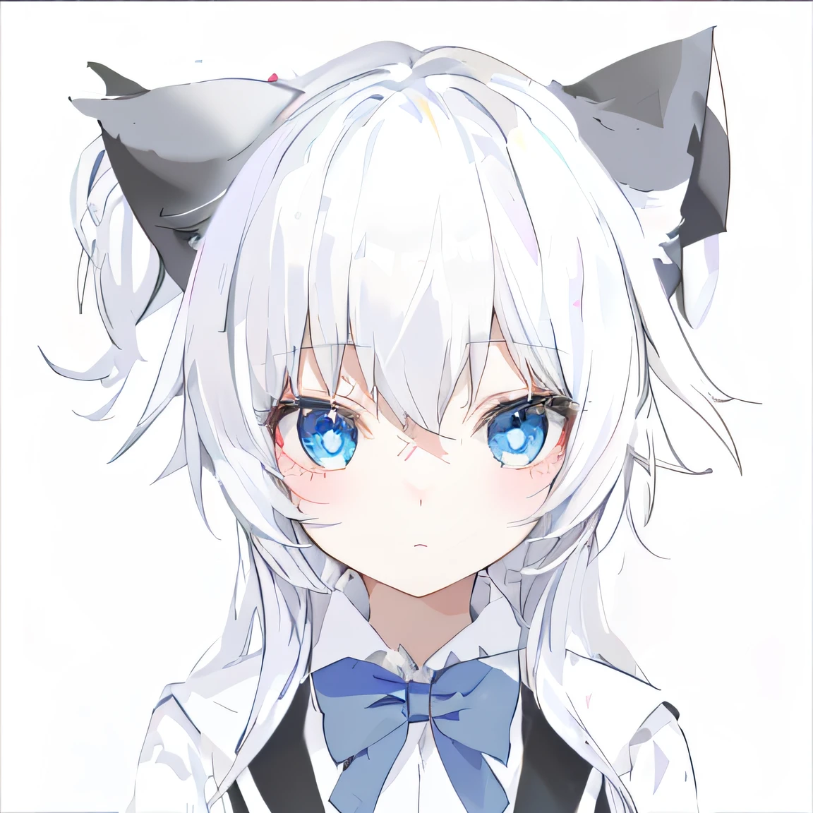 Anime girl with white hair and blue eyes wearing a bow tie, anime girl with cat ears, White Cat Girl, nyaruko-san, cute anime catgirl, Girl with cat ears, anime catgirl, White ( cat ) Girl, beautiful anime catgirl, anime moe art style, neferpitou, Very beautiful anime cat girl, anime cat
