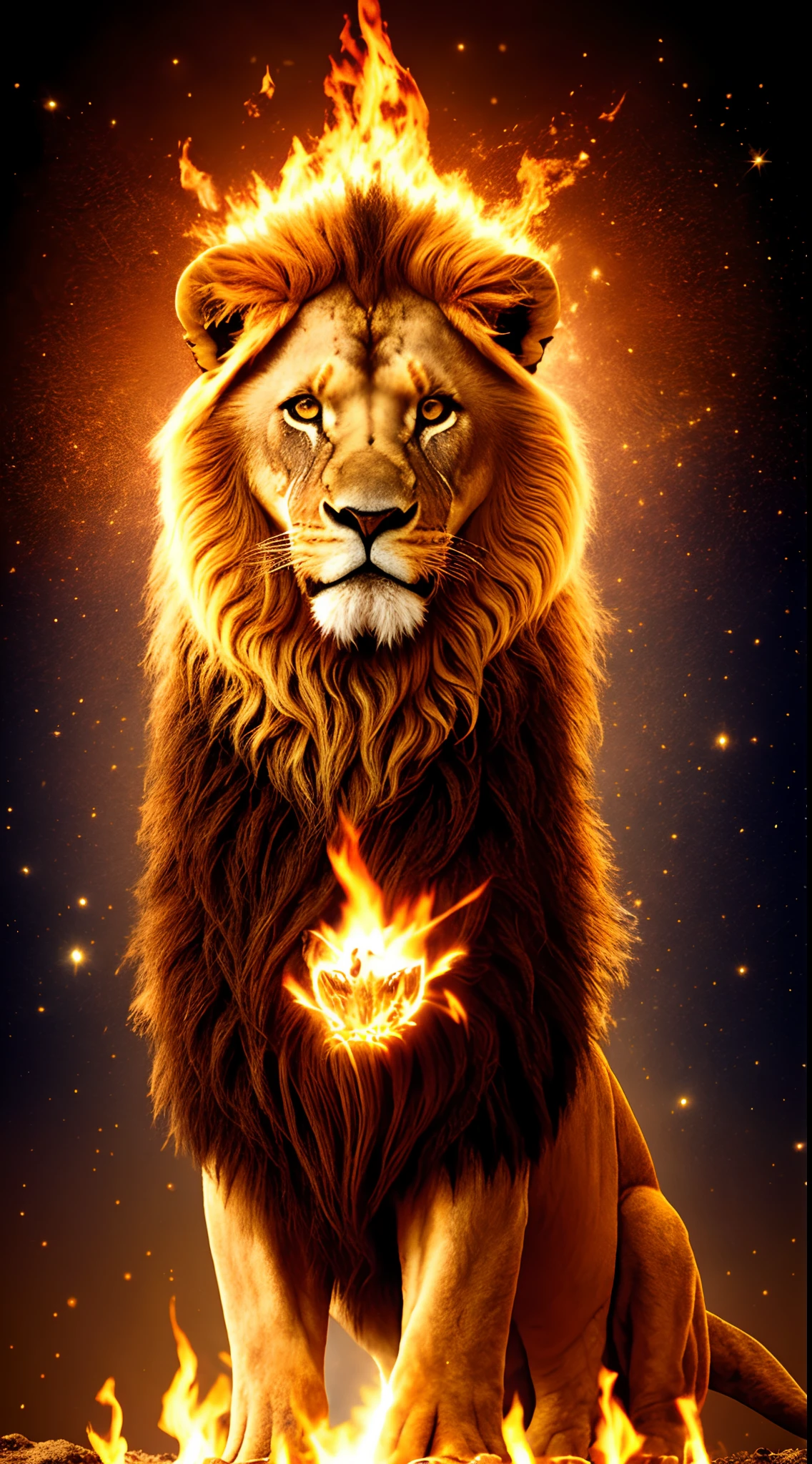 An royale King Lion full boby, background galaxy, magic 3D, full resolution style RTX with flaming eyes sitting on a throne, captured through Photography with a 35mm lens. Inspired by the artistry of National Geographic photographers, the scene portrays the majestic lion, regal and powerful. The color temperature is warm, with golden hues highlighting the lion's magnificence. The lion's eyes burn with intense flames, emanating a sense of authority and dominance. The lighting casts dramatic shadows, creating a captivating atmosphere, symmetrical, full boby, big angle, rtx, bobybuilder